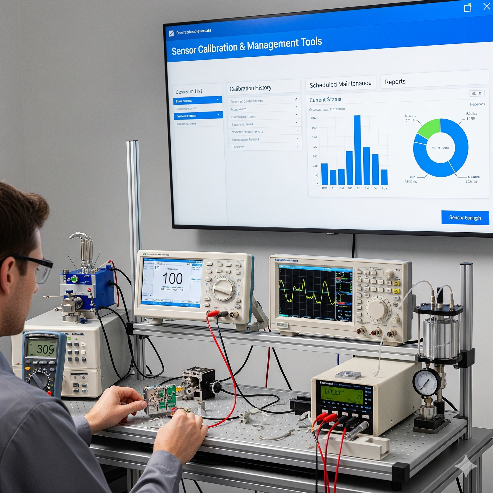 A technician in a lab setting is calibrating sensors using various electronic equipment, including oscilloscopes and multimeters. A large screen displays a "Sensor Calibration & Management Tools" interface with graphs and data. The workspace is organized, with cables and devices neatly arranged on the table.