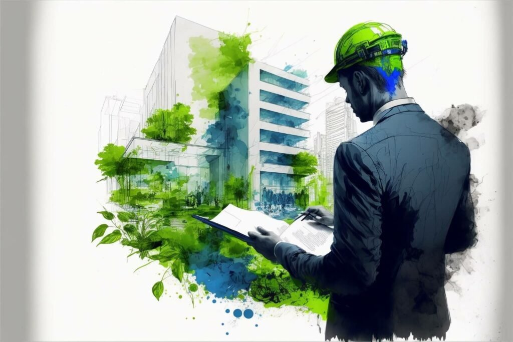 A person wearing a green hard hat and a suit examines a clipboard in the foreground, with a modern building and lush greenery painted in vibrant watercolor style in the background.