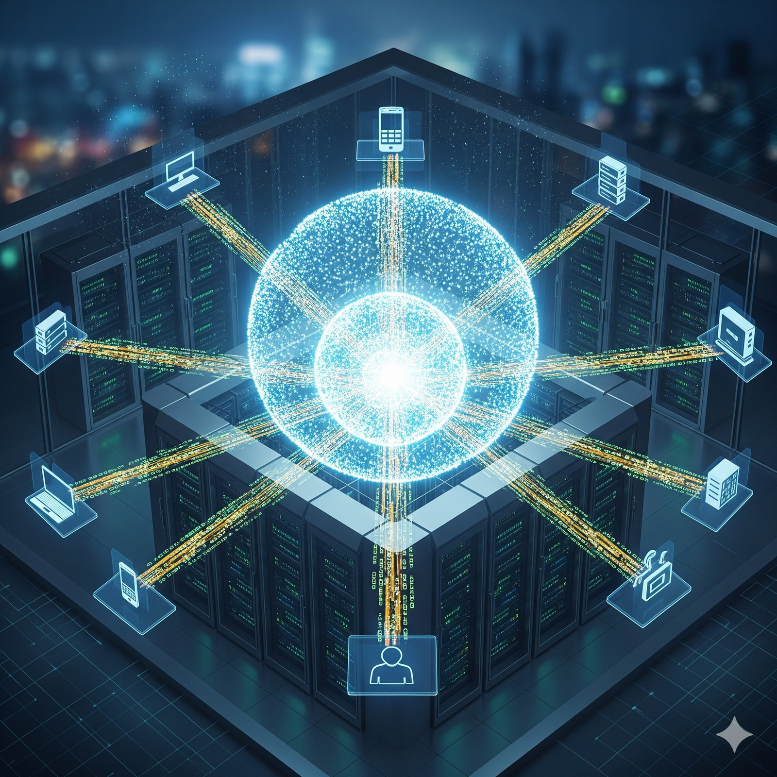 A glowing digital sphere connects to various technology icons above server racks, representing a data network or cloud computing system in a cityscape setting.