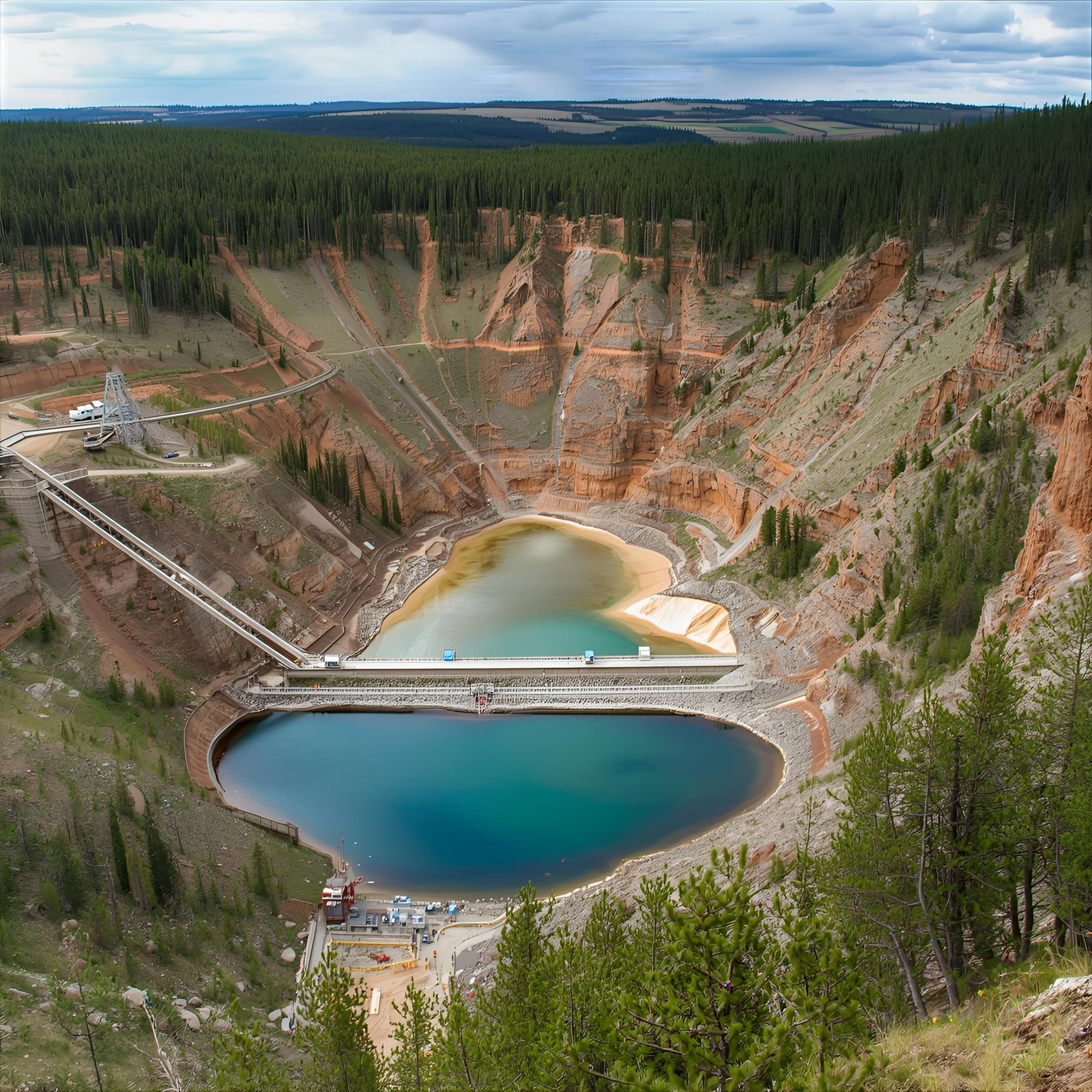 A striking aerial view of a large, deep blue reservoir surrounded by steep, layered canyon walls and dense green forests, under a partly cloudy sky.