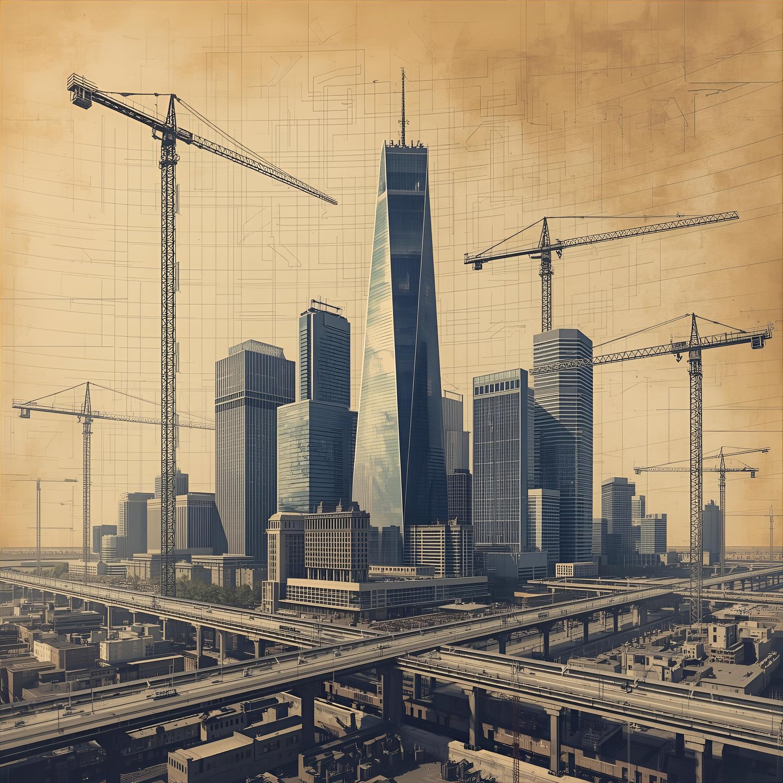 A cityscape featuring a cluster of modern skyscrapers under construction, with multiple tall cranes surrounding them. The scene is set against a sepia-toned sky, giving it a vintage look. Elevated highways crisscross in the foreground, adding an urban complexity to the composition.