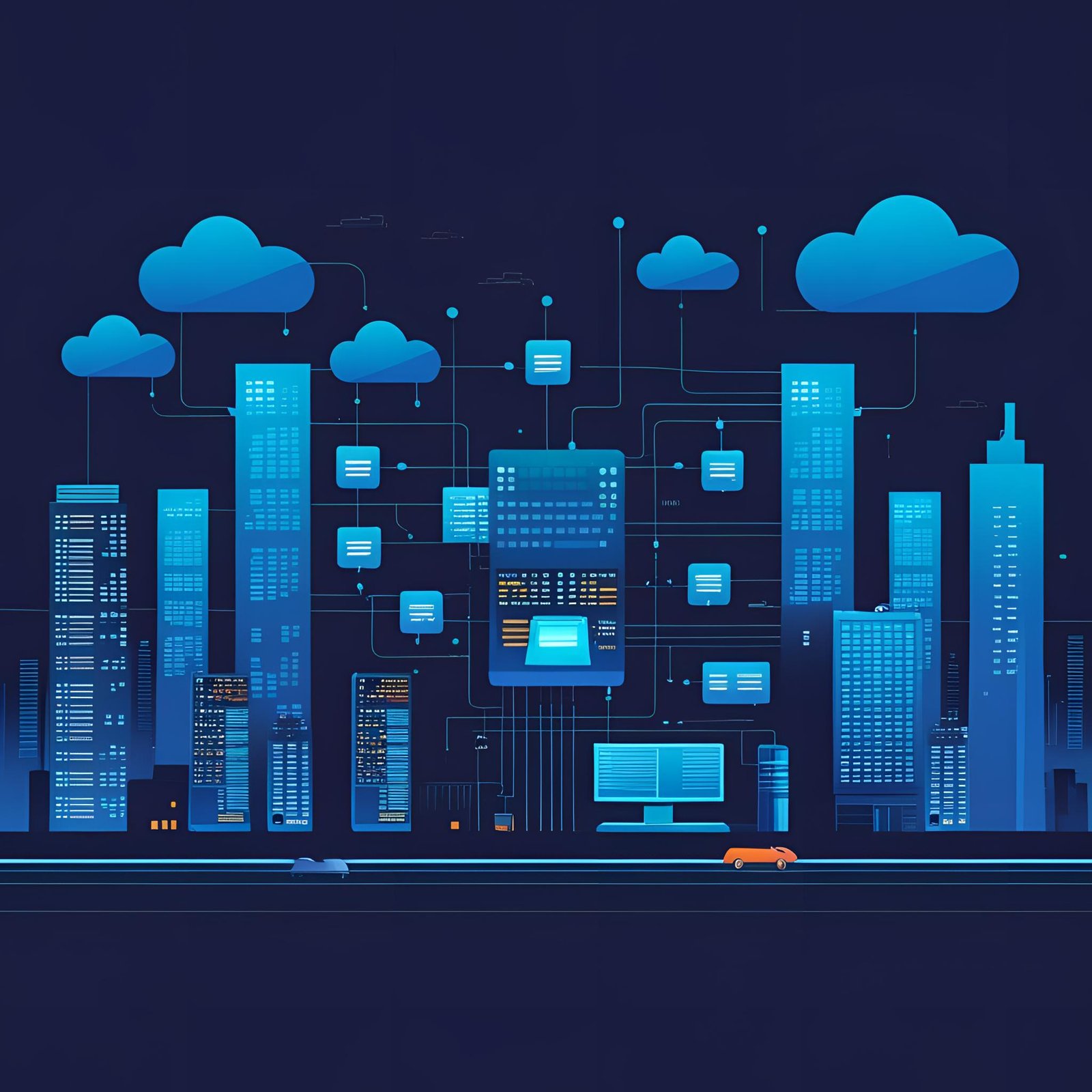 A digital illustration of a futuristic cityscape with tall, blue skyscrapers connected by lines to floating cloud icons, symbolizing cloud computing. Small digital screens and data nodes are interspersed among the buildings, with a road at the bottom featuring a car.