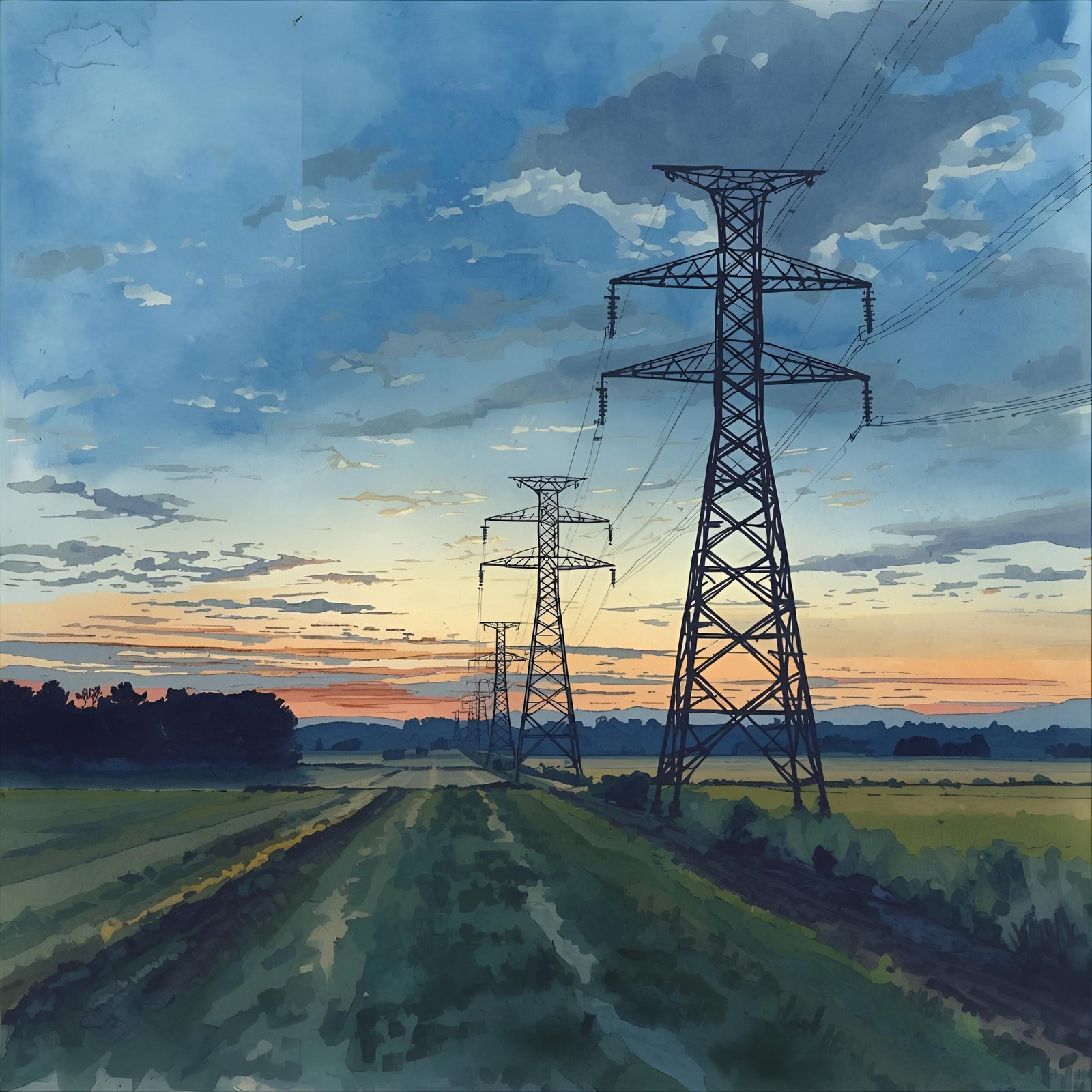 A scenic landscape features tall power lines stretching across a grassy field at sunset, with a vibrant sky of blues and oranges creating a serene backdrop.