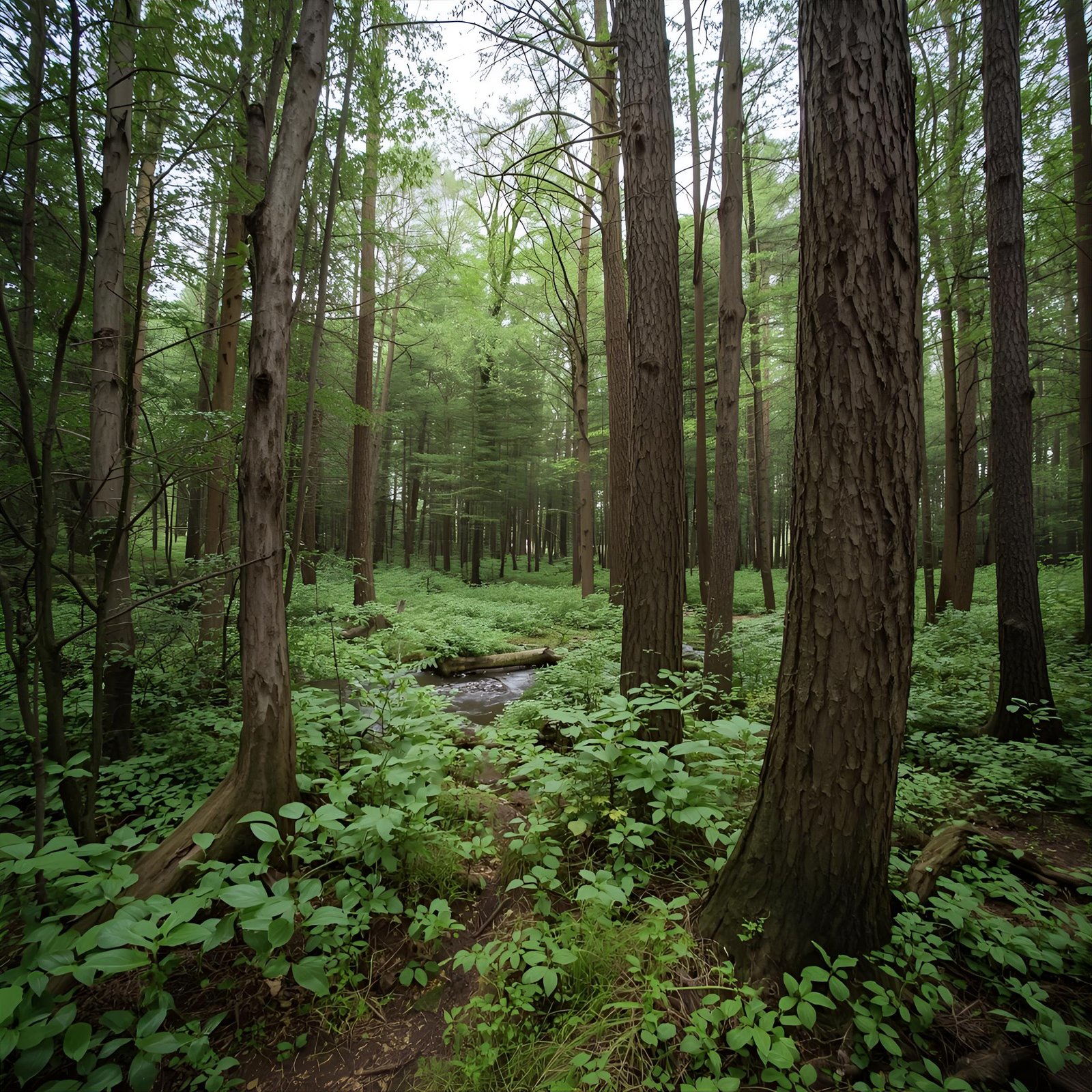 A lush forest scene with tall, slender trees reaching upward, surrounded by dense green foliage. A narrow, winding path cuts through the undergrowth, leading deeper into the tranquil woods.