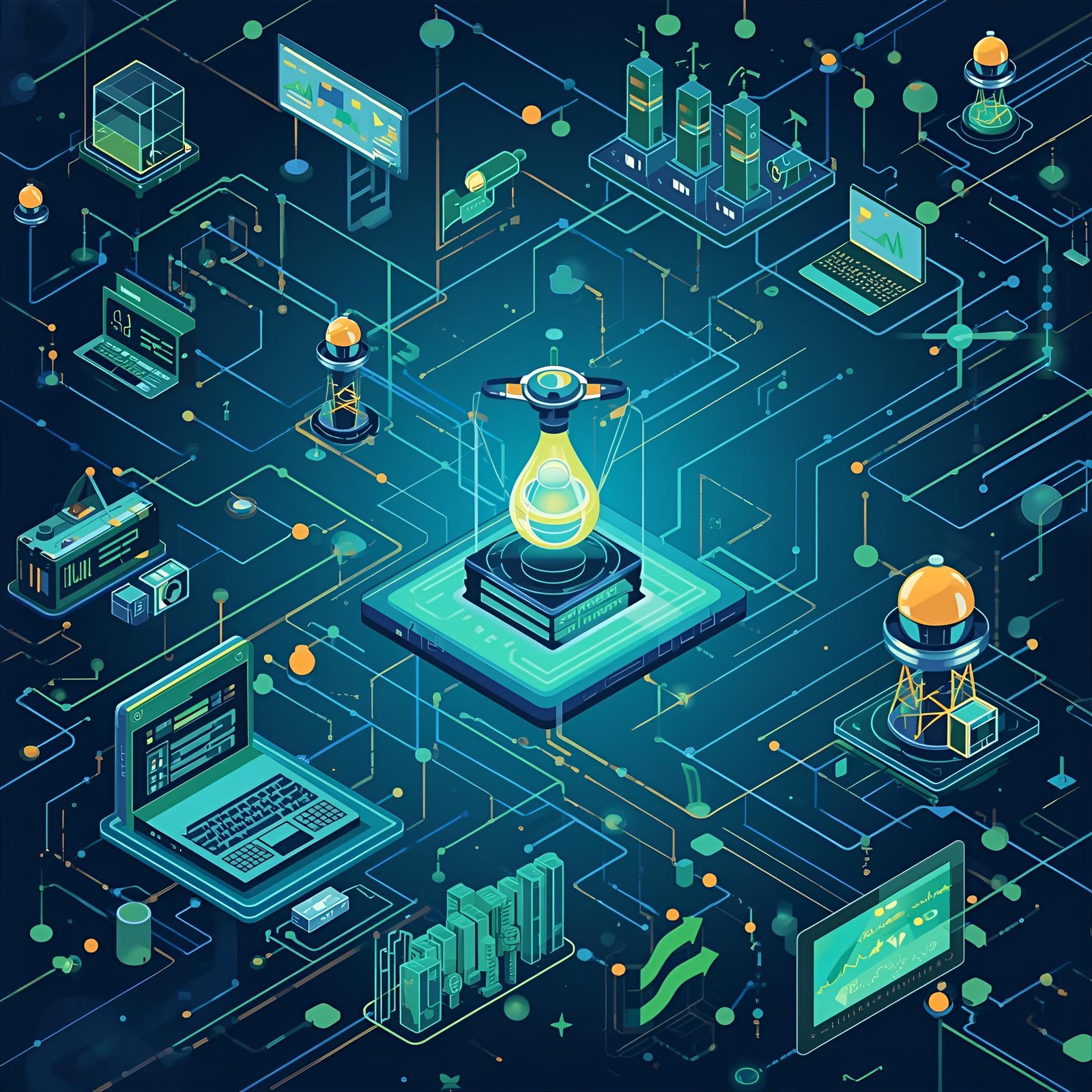 A futuristic digital illustration depicting a complex network of interconnected technology elements, including laptops, data charts, and server-like structures. Central to the image is a glowing orb on a pedestal, surrounded by circuit-like pathways. The color palette features vibrant blues and greens, creating a high-tech, dynamic atmosphere.
