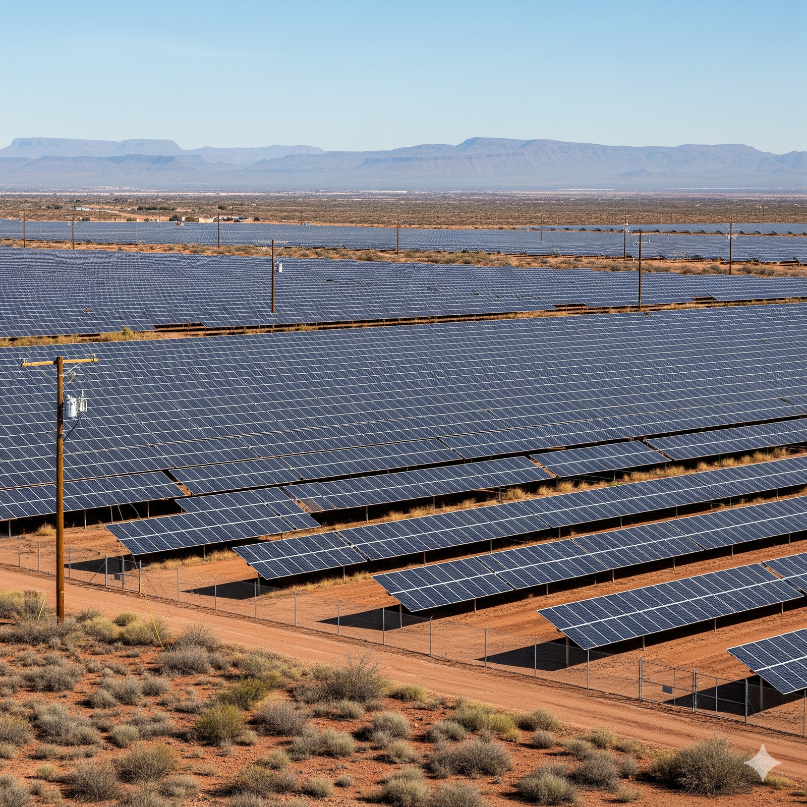 A vast solar farm stretches across a desert landscape, with rows of solar panels glistening under a clear blue sky. Sparse vegetation and distant mountains are visible in the background, highlighting the expansive and arid setting.