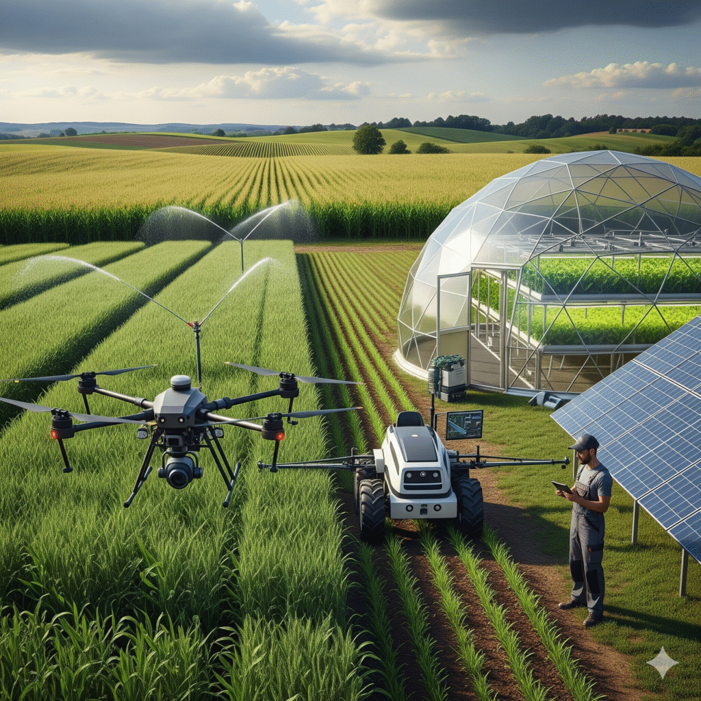 A modern agricultural scene featuring a drone flying over lush green fields, a small robotic tractor navigating the crops, and a farmer using a tablet. In the background, a geodesic dome houses plants, and solar panels are visible, indicating sustainable farming practices.