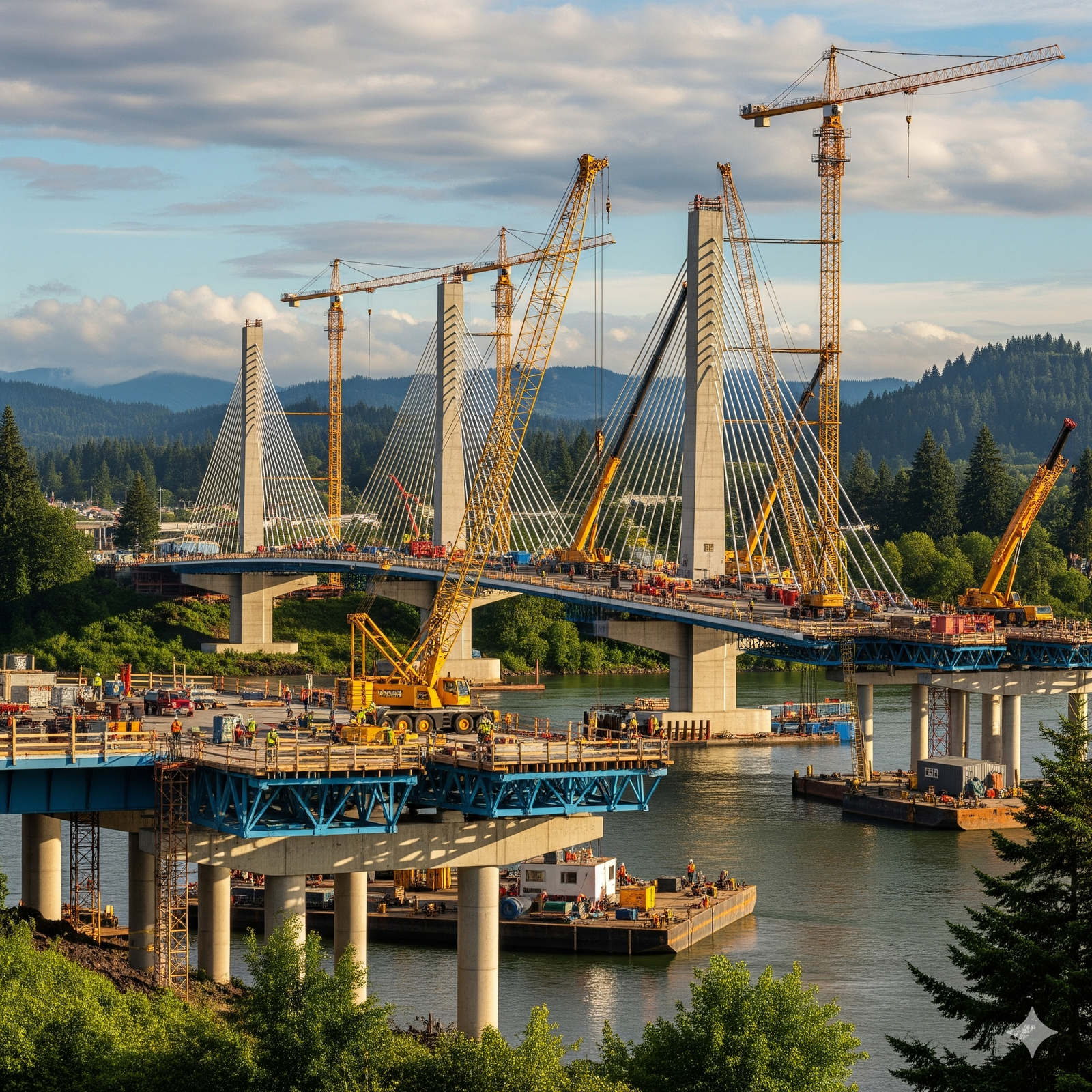 A bridge under construction spans a river, supported by multiple tall cranes and cables. The structure features several vertical towers and a partially completed roadway. Workers and construction equipment are visible on the bridge, with a backdrop of lush green trees and distant hills under a partly cloudy sky.