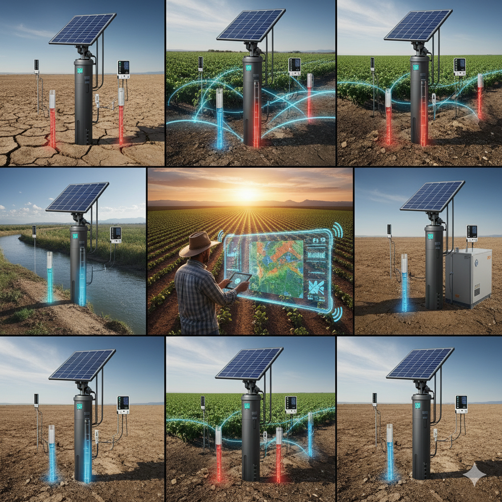 A collage of images showcases solar-powered irrigation systems in various agricultural settings. Each scene features a tall black unit with a solar panel on top, surrounded by electronic sensors and vibrant digital displays illustrating water flow and soil data. One image includes a farmer using a tablet to interact with a digital map projection over a field at sunset. The environments range from dry, cracked earth to lush, green fields, highlighting the technology's adaptability.