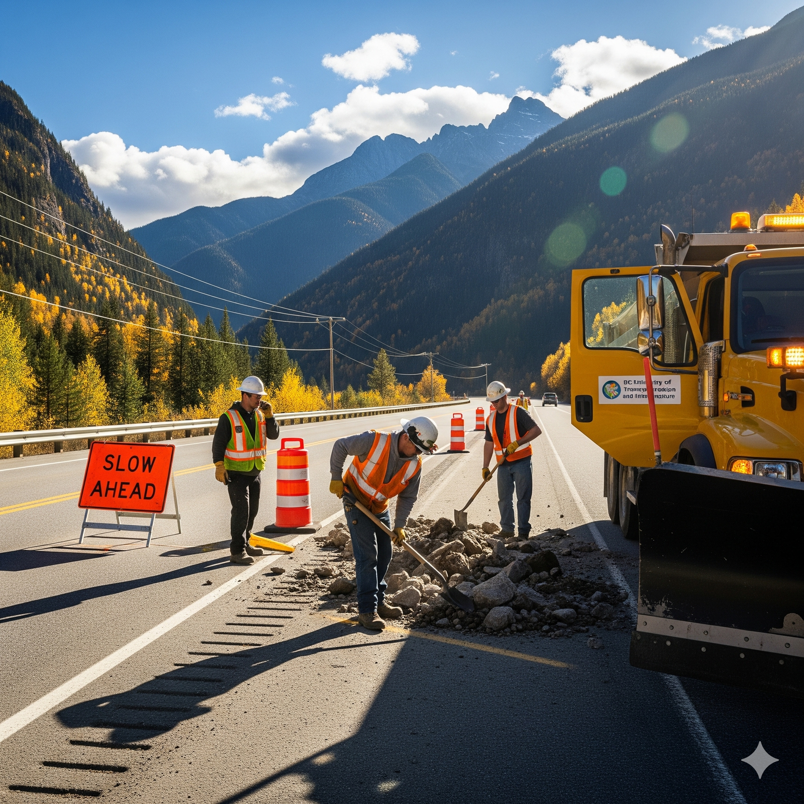 Construction workers in safety vests and helmets repair a highway under a clear blue sky, surrounded by autumn-colored trees and mountains. A yellow work truck is parked nearby, and an orange "SLOW AHEAD" sign warns oncoming traffic.