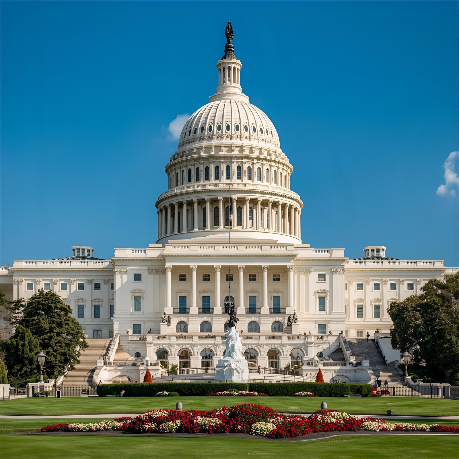 The U.S. Capitol building stands majestically under a clear blue sky, with its iconic white dome and classical architecture. In the foreground, a vibrant garden with red and white flowers enhances the scene, surrounded by well-manicured lawns.