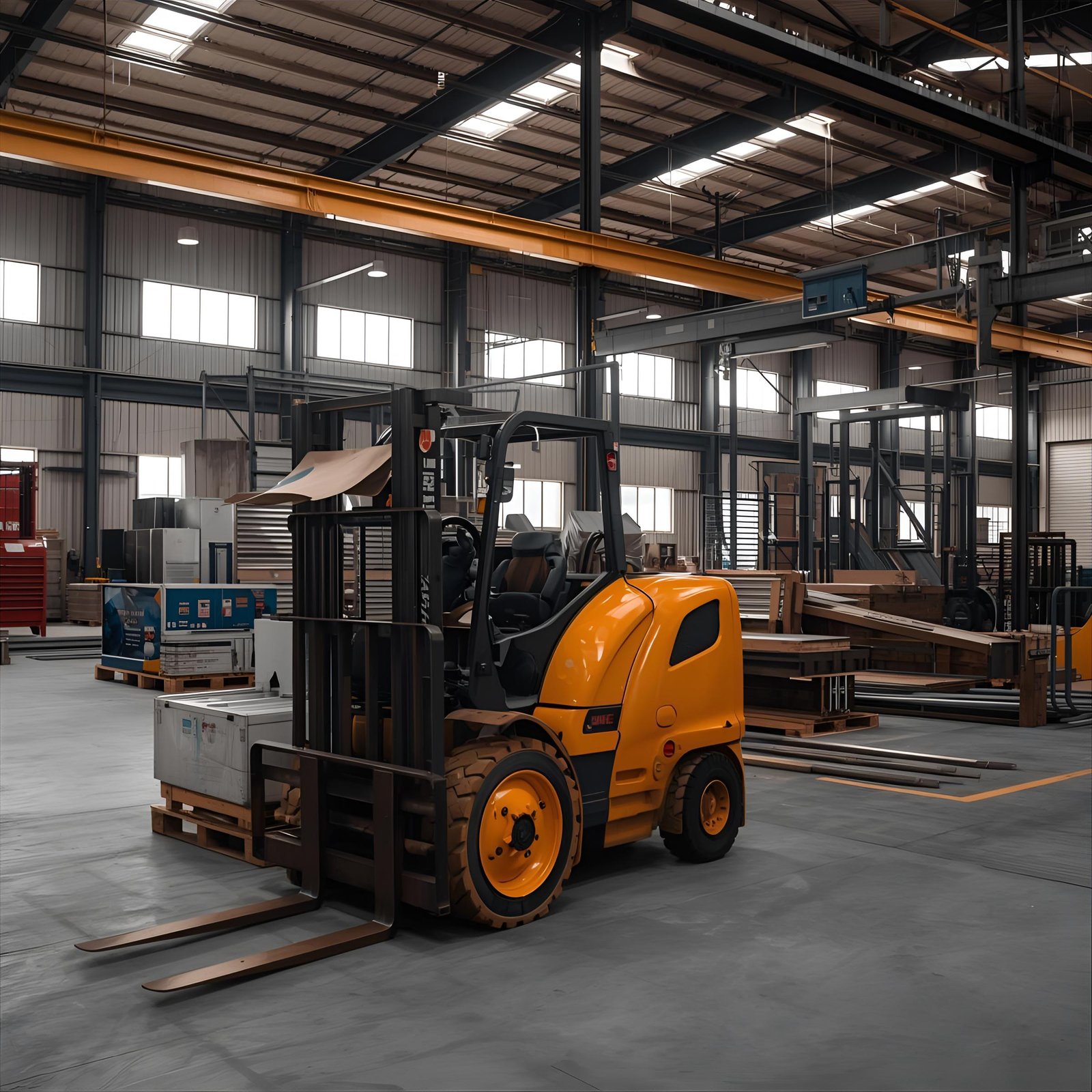 A bright yellow forklift is positioned in a spacious warehouse, maneuvering a large pallet. The industrial setting features high ceilings, metal beams, and stacks of boxes and materials, creating a busy and organized environment.