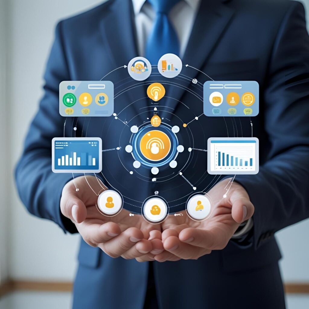 A person in a suit holds a digital holographic interface displaying various connected icons and graphs, symbolizing data management and analysis.