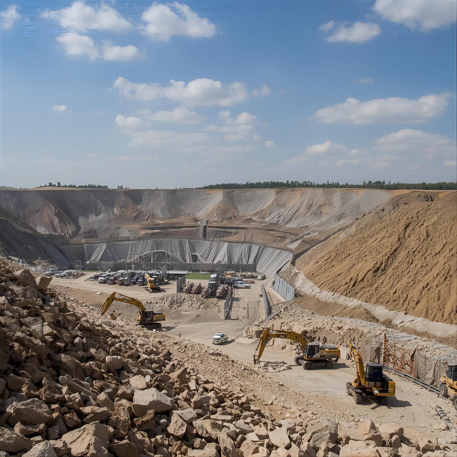 A large open-pit mine with several excavators working on the rocky terrain, surrounded by steep, layered earth walls under a partly cloudy sky.