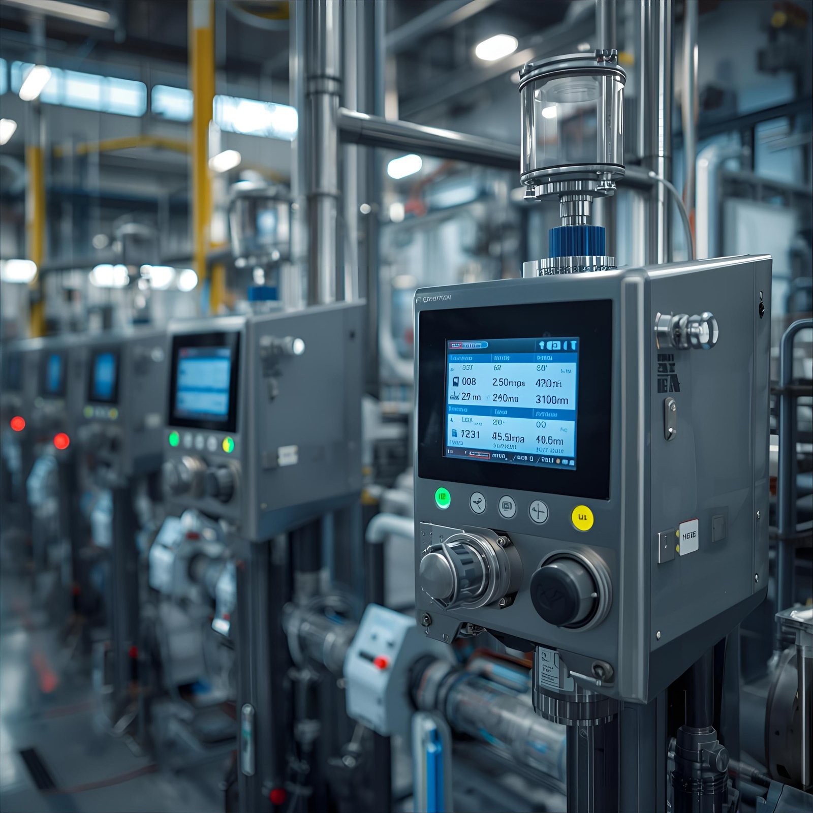 A row of industrial control panels with digital screens and various buttons is displayed in a well-lit factory setting, surrounded by pipes and machinery.