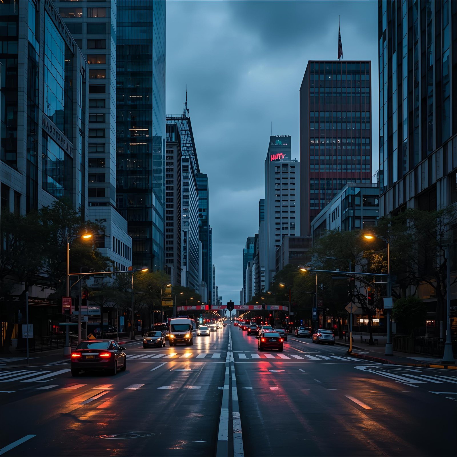 A city street at dusk features tall buildings lining both sides, with cars driving along the wet road reflecting the streetlights. The sky is overcast, creating a moody atmosphere in the urban setting.