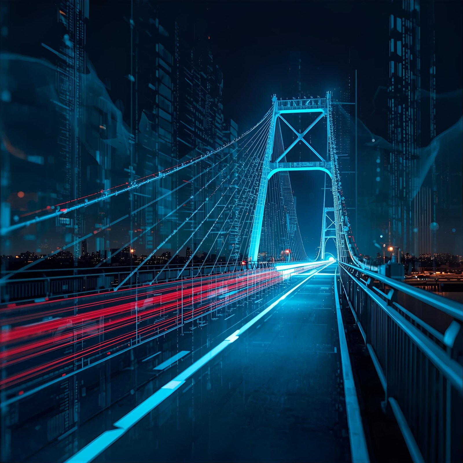 A futuristic bridge at night is illuminated in vibrant blue lights, with red light trails suggesting fast-moving traffic. The structure's cables and towers are highlighted against a dark cityscape, creating a dynamic, digital-like atmosphere.
