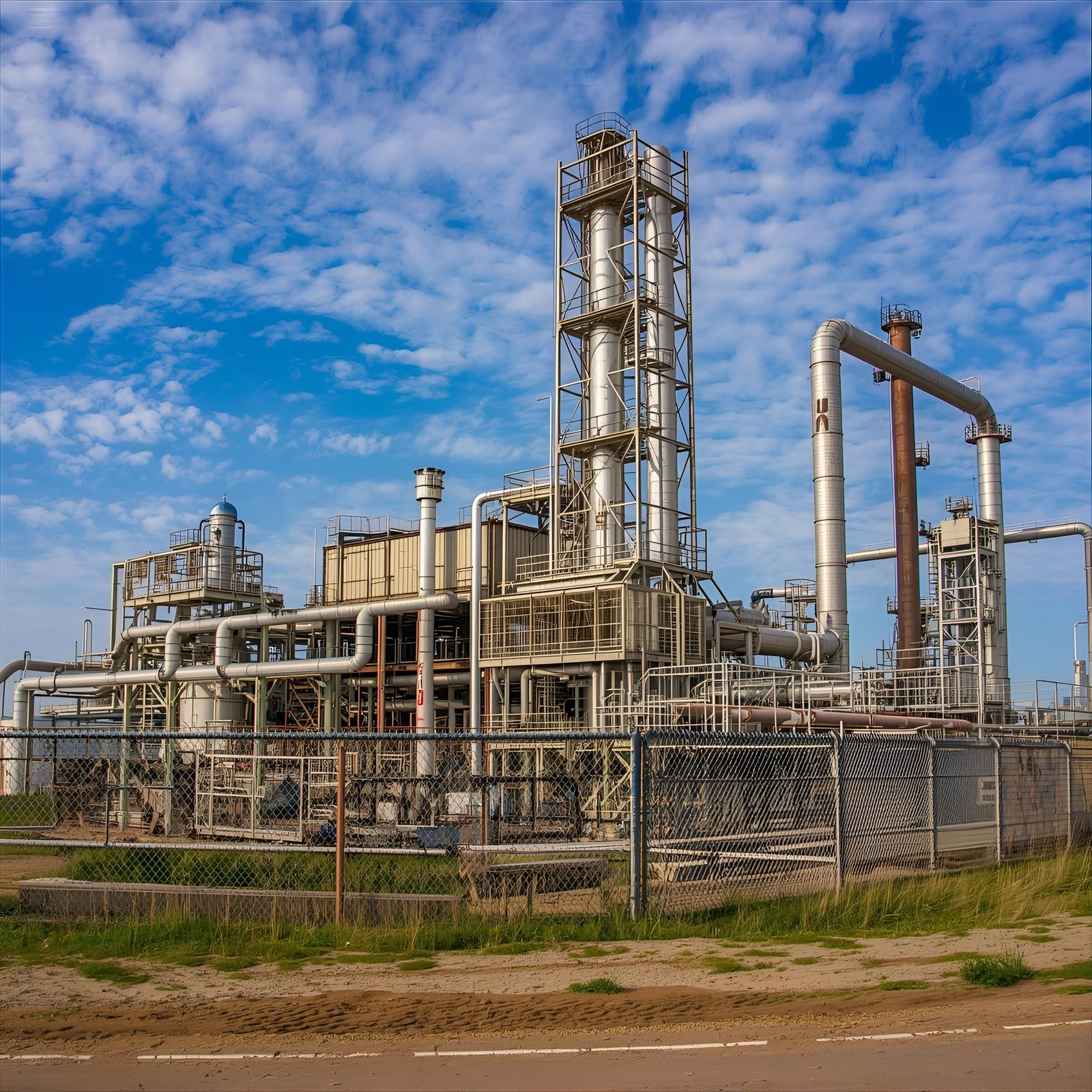 Industrial complex under a blue sky with scattered clouds. Tall metal structures and pipes dominate the scene, surrounded by a chain-link fence.