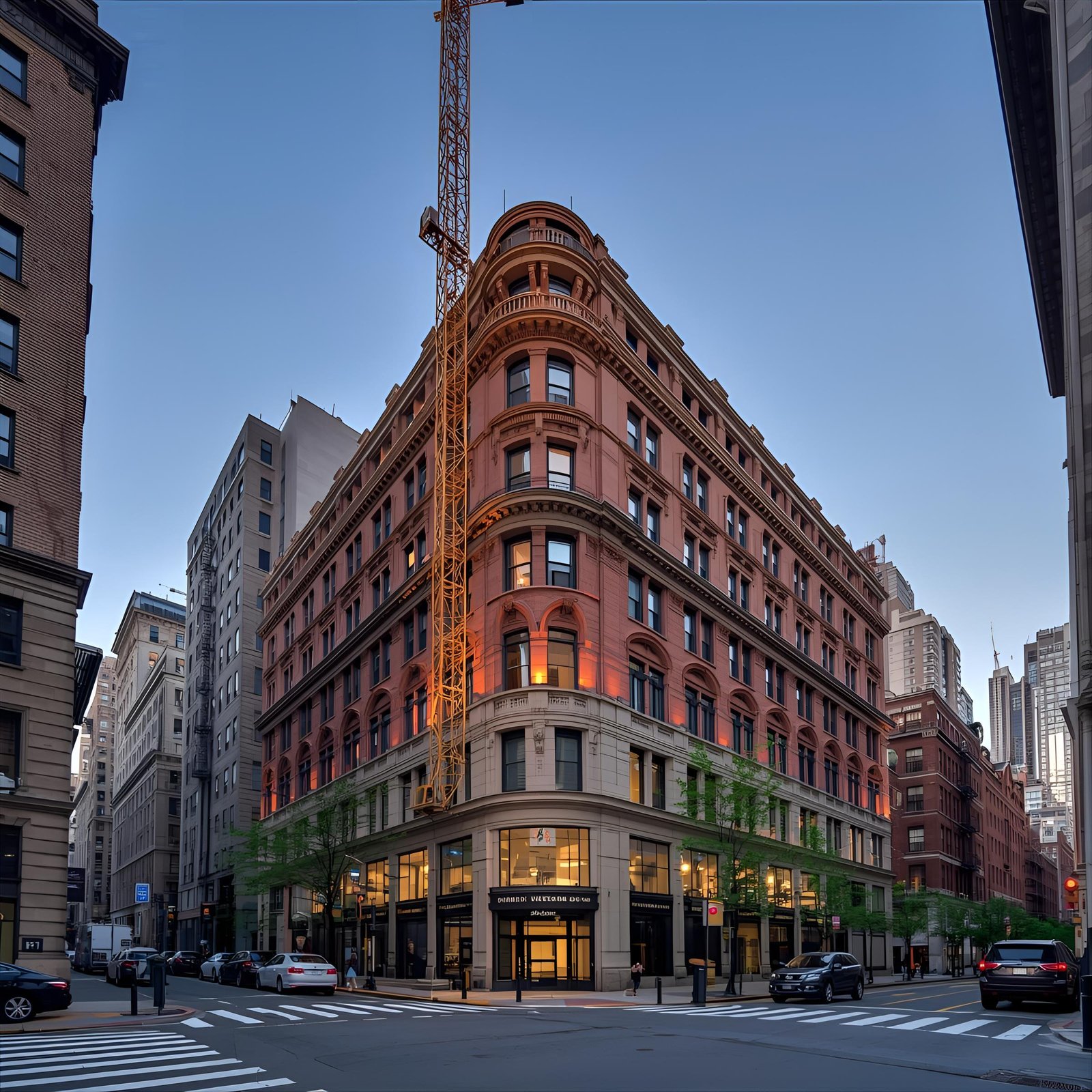 Historic red-brick building on a city corner at dusk, adorned with a construction crane. Warm lights emanate from windows, evoking a classic urban ambiance.