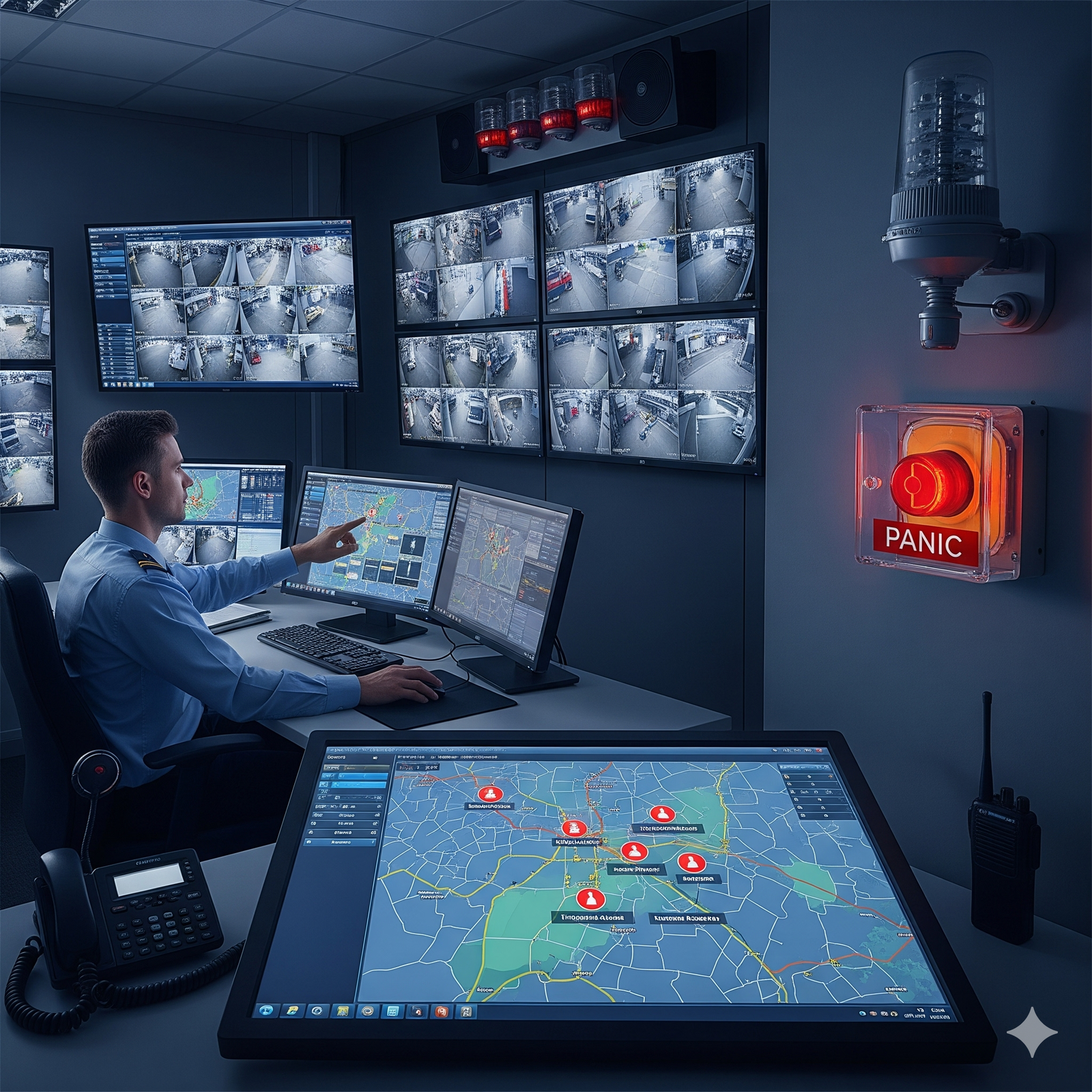 A security officer monitors multiple surveillance screens in a control room, pointing at a digital map on a computer displaying alert locations. The room is equipped with a prominent red "PANIC" button and a wall-mounted siren, creating a high-tech, vigilant atmosphere.