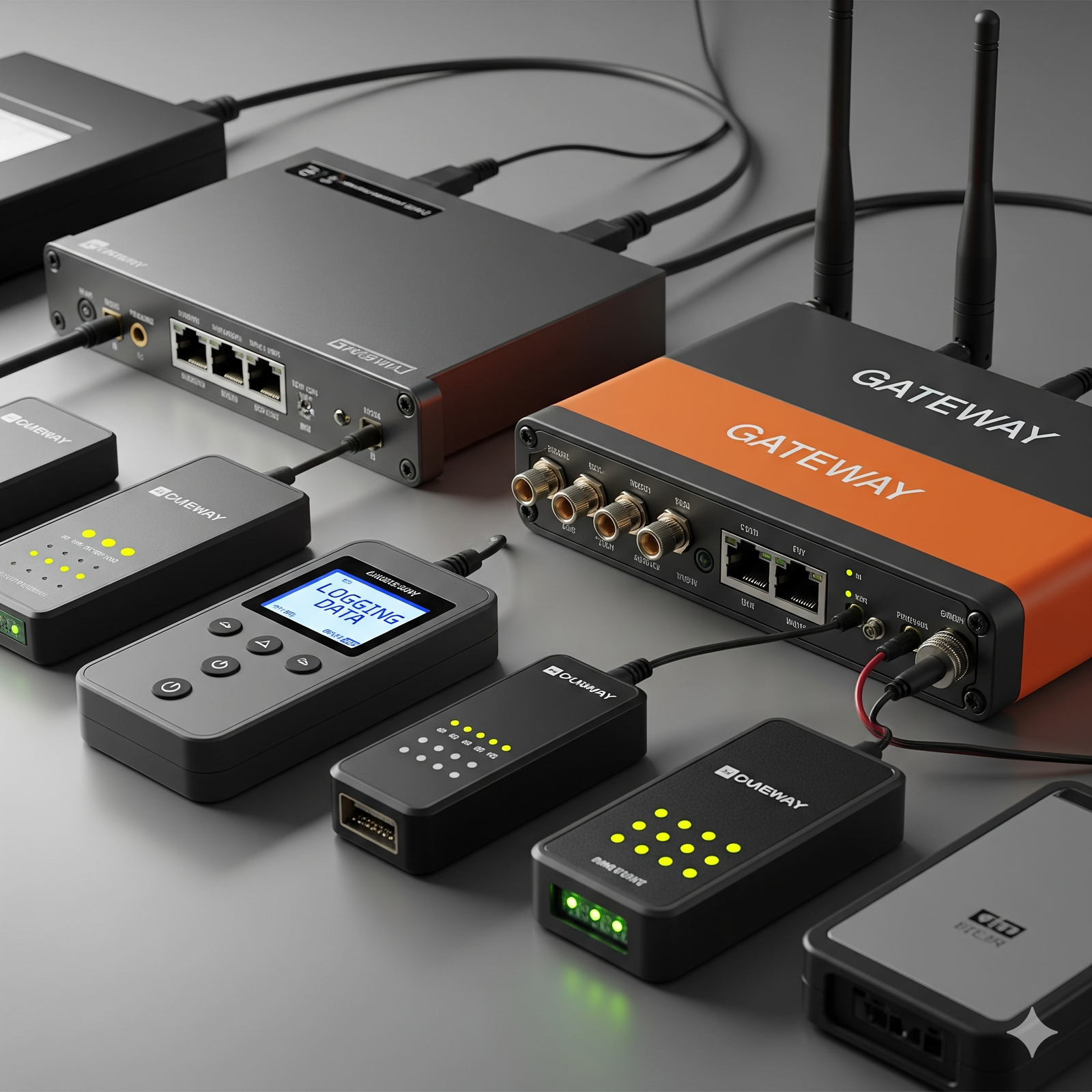 A collection of electronic devices including a gateway with antennas and multiple ports, surrounded by smaller rectangular devices with LED indicators and a digital display showing "LOGGING DATA." The setup is arranged neatly on a smooth gray surface.