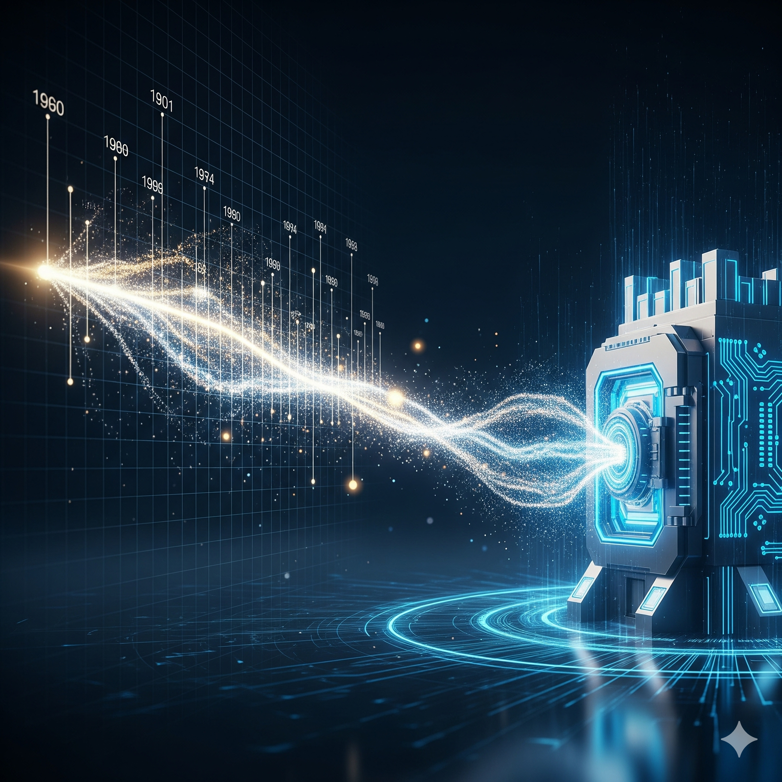 A futuristic device emits a stream of glowing digital particles, connecting to a timeline marked with years like 1960, 1990, and 2000, set against a dark, grid-patterned background.