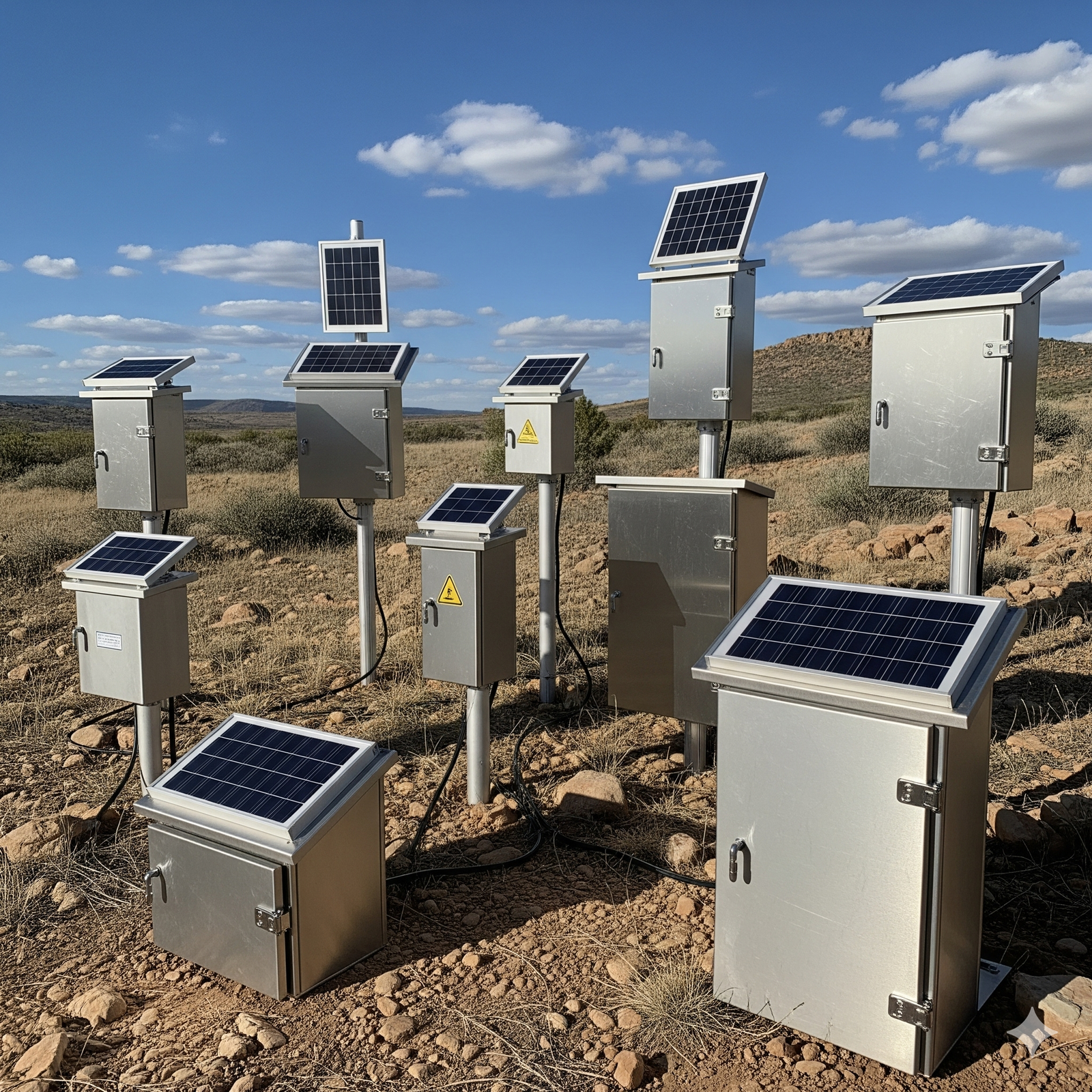 A group of metal electrical boxes with small solar panels on top are installed in a desert landscape under a blue sky with scattered clouds.