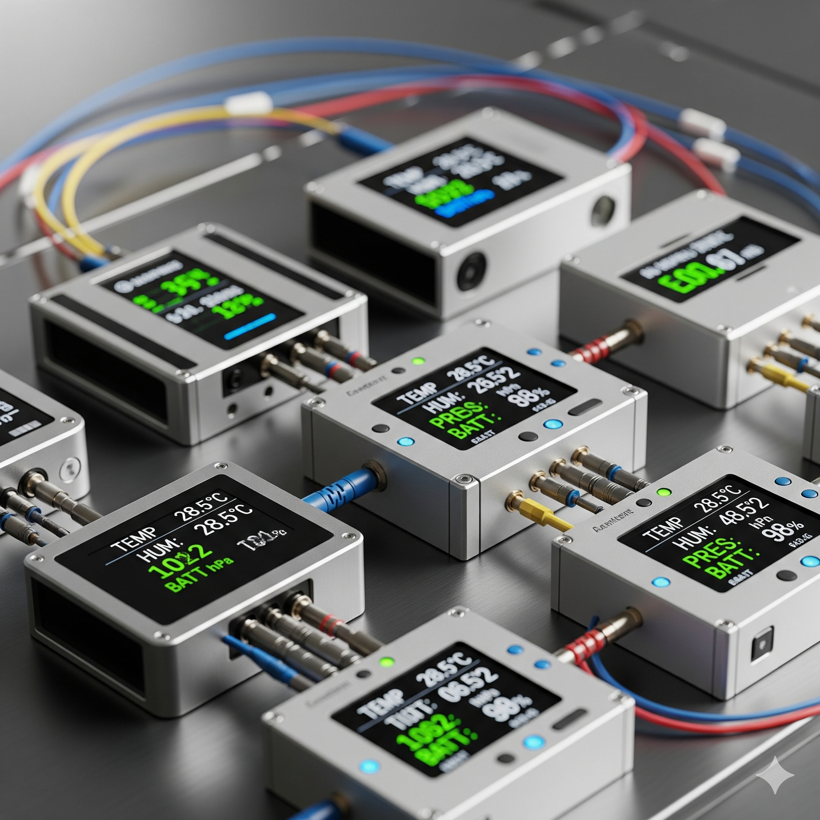 A collection of compact, rectangular electronic devices with digital displays are arranged on a metallic surface. Each device shows readings like temperature, humidity, and battery percentage, with colorful cables connected to them.