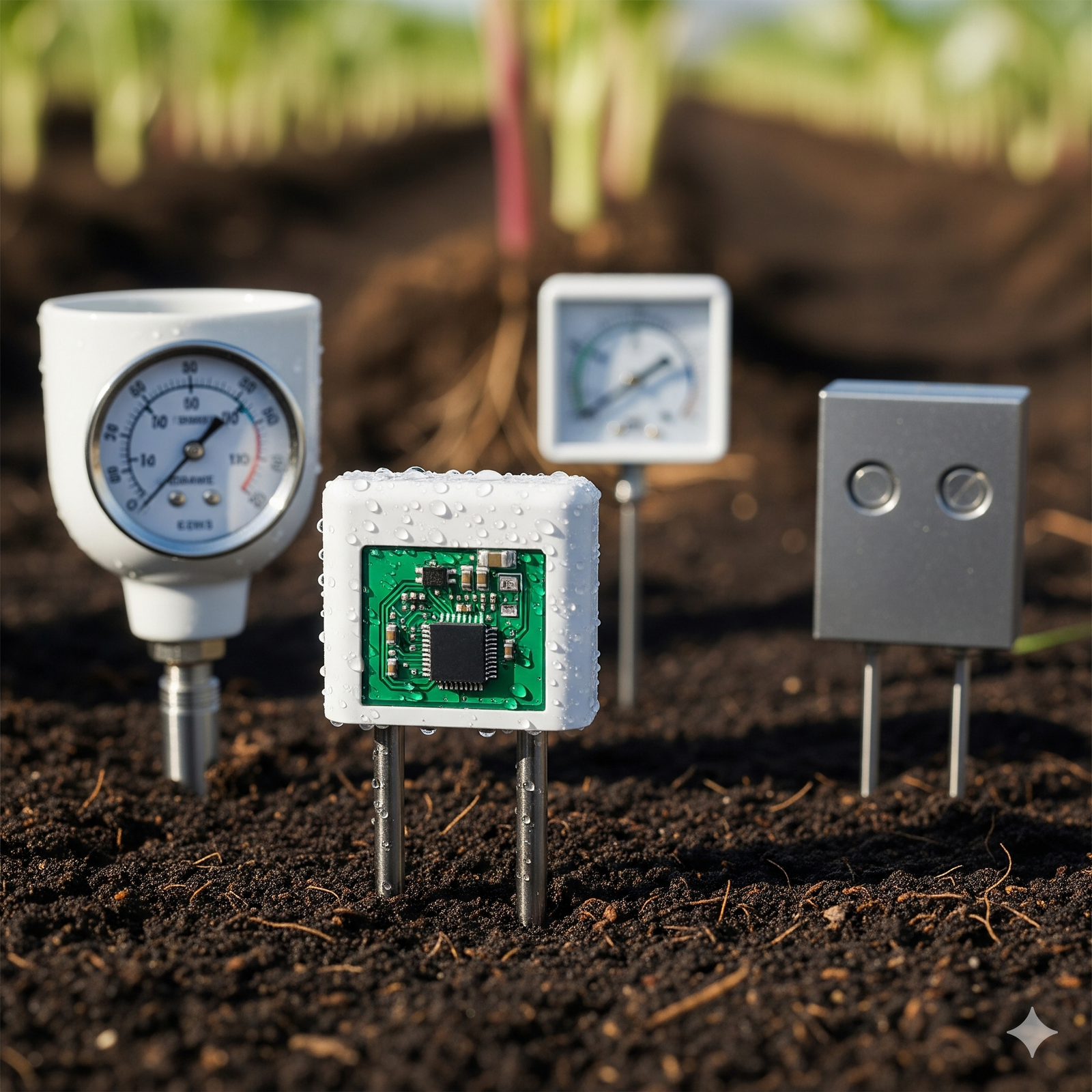 Several soil sensors, including a digital chip and analog gauges, are placed in rich, dark soil in a field with plants in the background, capturing environmental data.