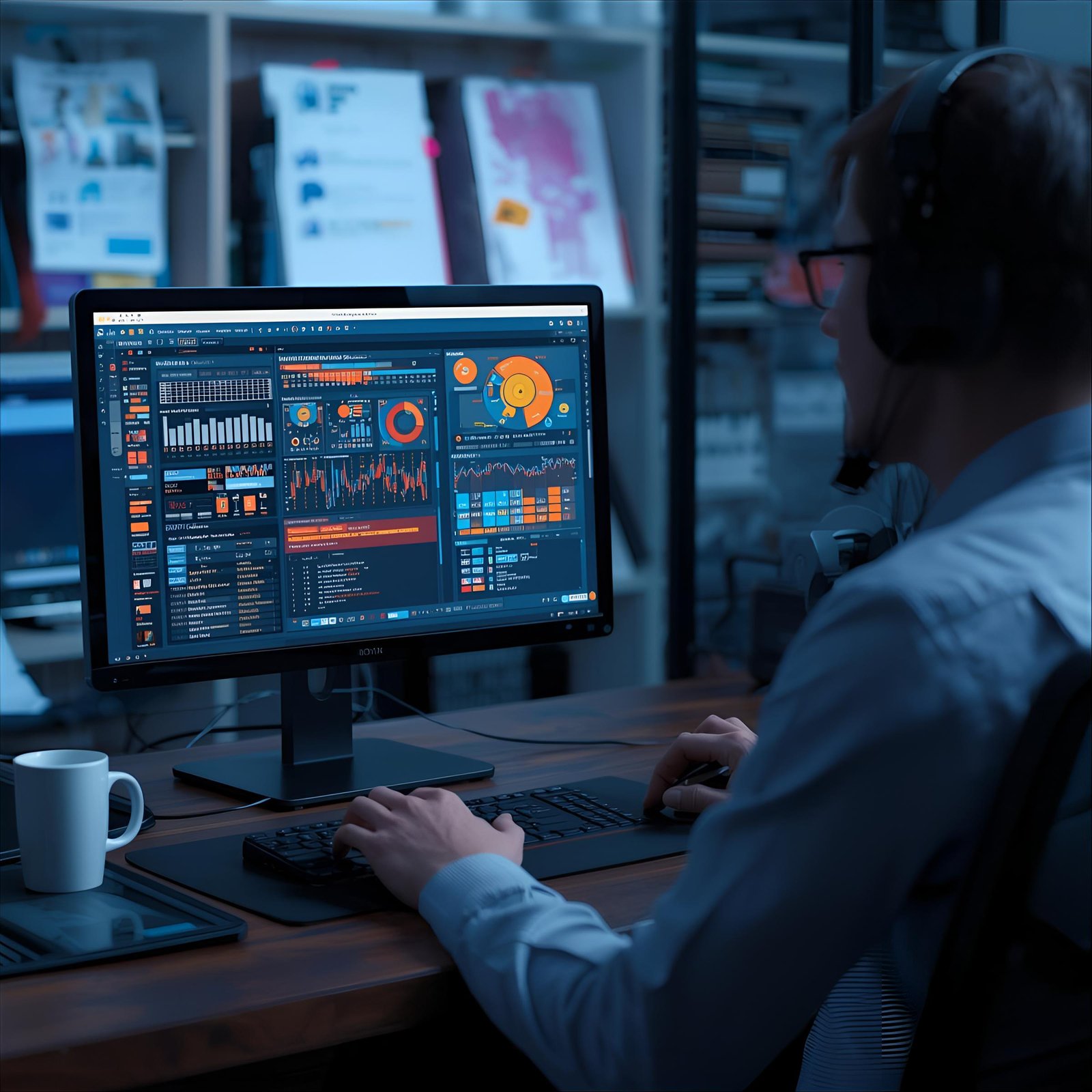 A person sits at a desk in a dimly lit office, wearing headphones and working on a computer displaying colorful data visualizations and charts. A white mug and tablet are nearby, with shelves of documents in the background.
