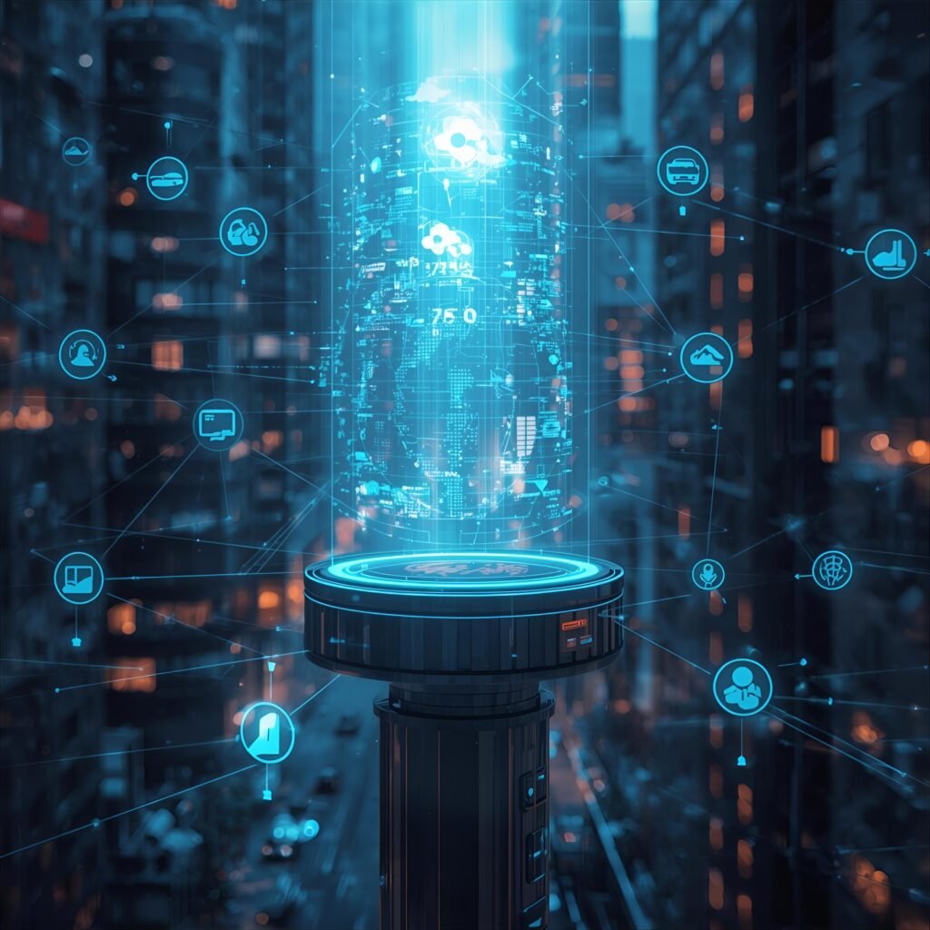 A futuristic device emits a stream of glowing digital particles, connecting to a timeline marked with years like 1960, 1990, and 2000, set against a dark, grid-patterned background.