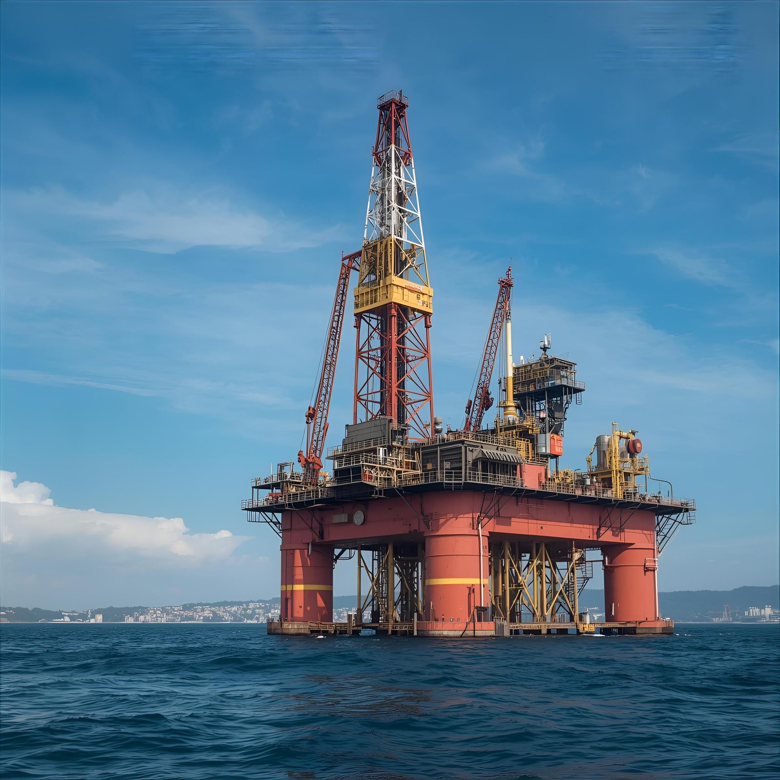 An offshore oil rig stands prominently in the ocean, featuring a red and yellow structure with cranes and equipment. The clear blue sky and distant shoreline provide a serene backdrop.