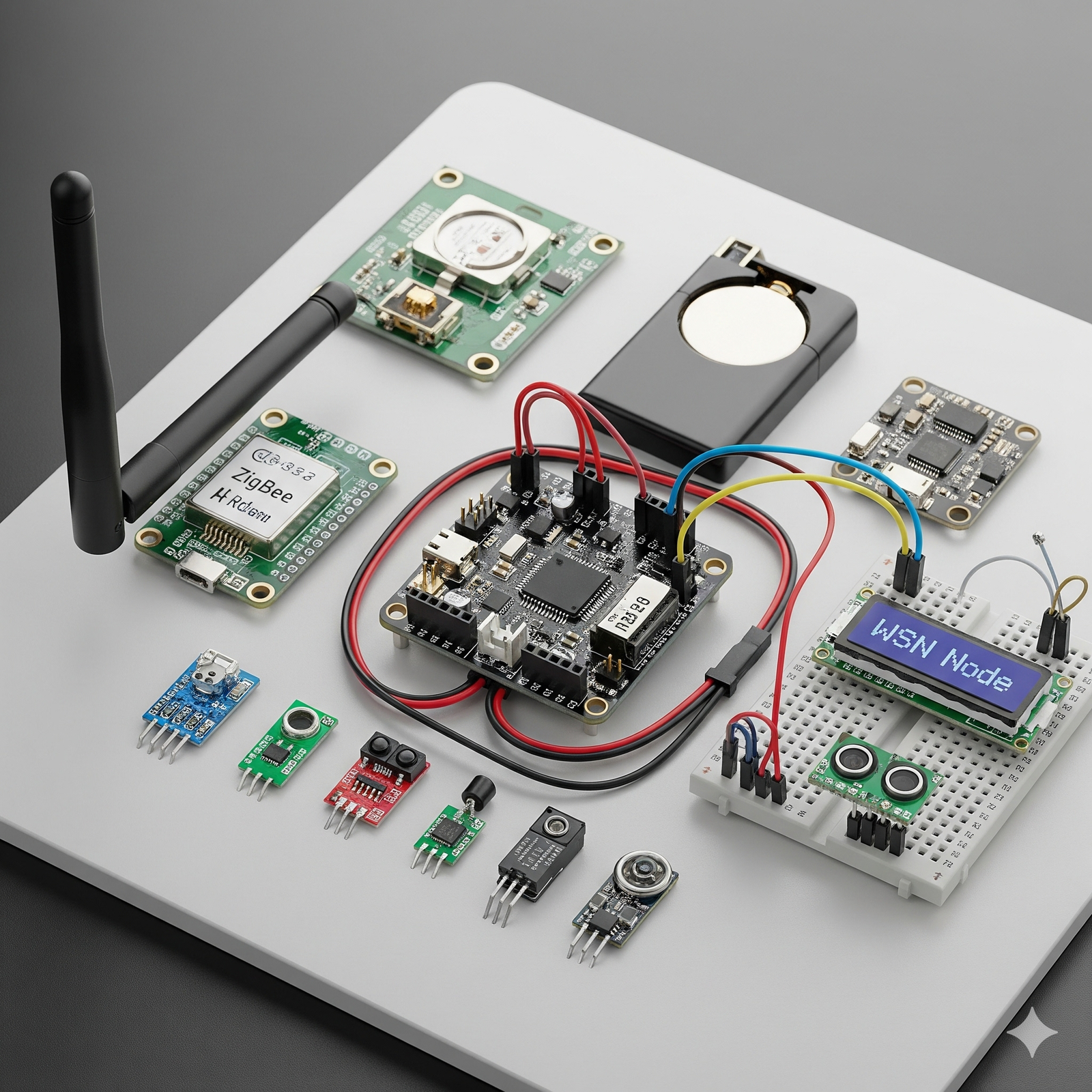 A collection of electronic components is neatly arranged on a light gray surface, including a central microcontroller with connected wires, a small breadboard with a display reading "WSN Node," various sensors in different colors, and modules like a Zigbee and a GPS unit.