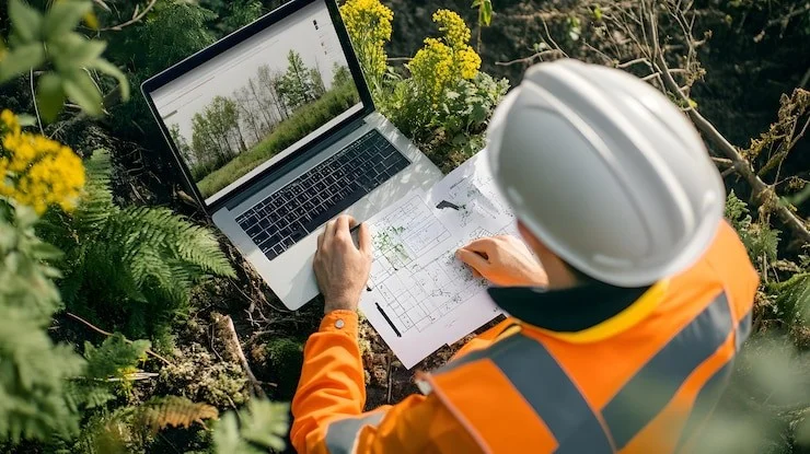 A person wearing an orange high-visibility jacket and a white hard hat is sitting outdoors with a laptop displaying a nature scene. They are examining papers, possibly blueprints or plans, surrounded by green foliage and yellow flowers.