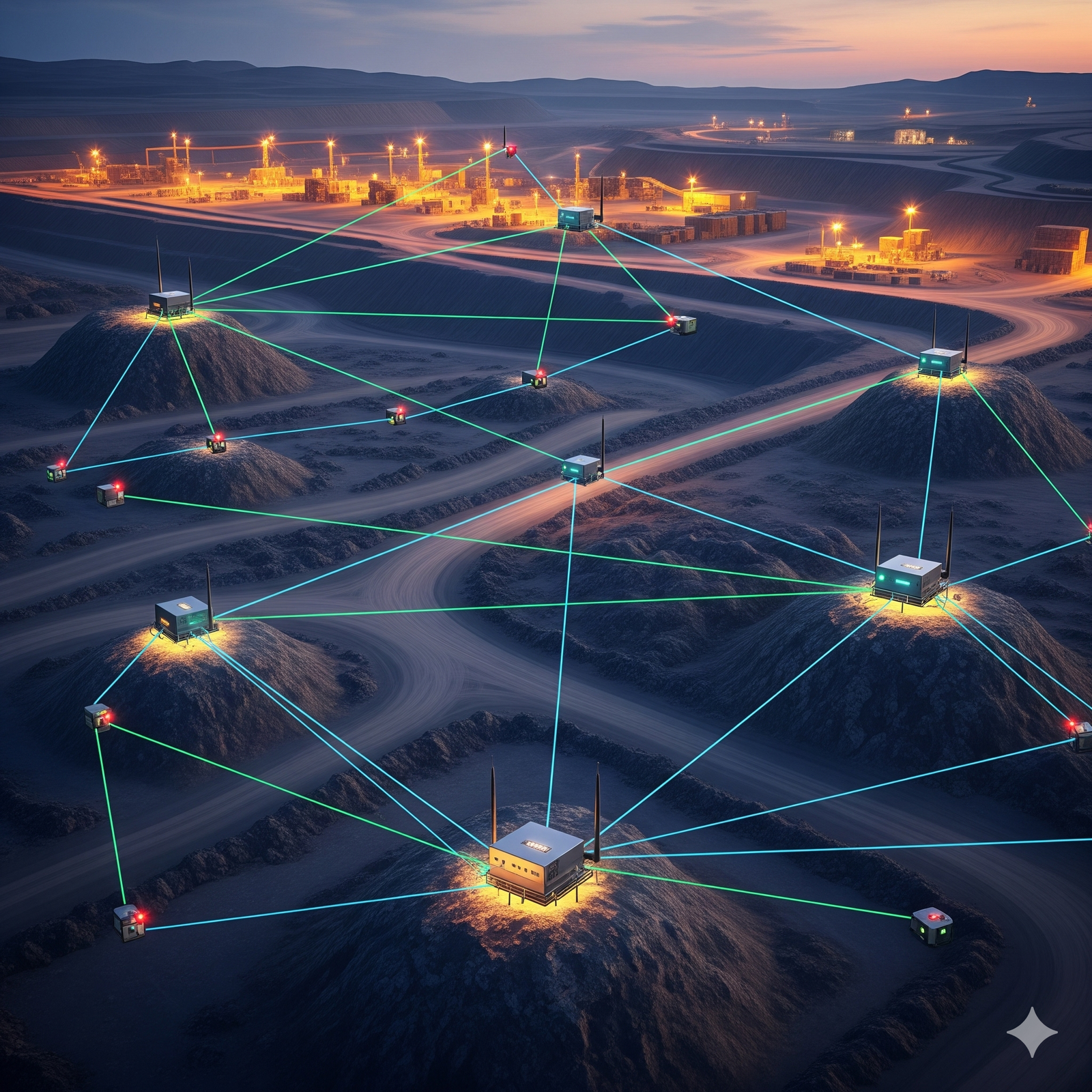 A network of illuminated nodes is connected by glowing green lines across a rugged, hilly landscape at dusk. Each node, situated on a hilltop, features a small building with antennas. In the background, a brightly lit industrial facility is visible, adding a sense of technological advancement to the scene.