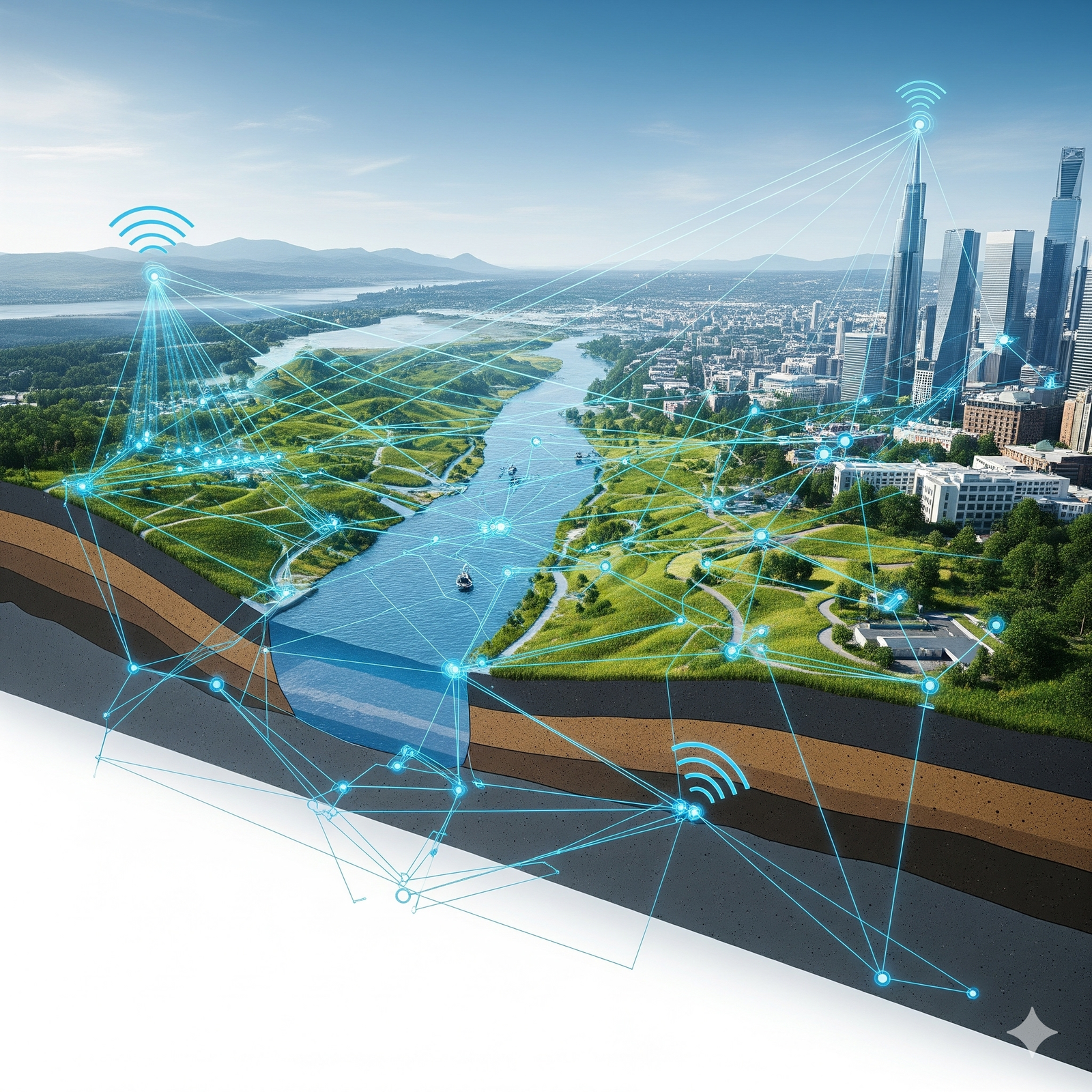 A vibrant cityscape features a river winding through lush green landscapes, with tall skyscrapers in the background. Overlaid digital network lines and Wi-Fi symbols illustrate connectivity and smart technology integration throughout the urban and natural environment.