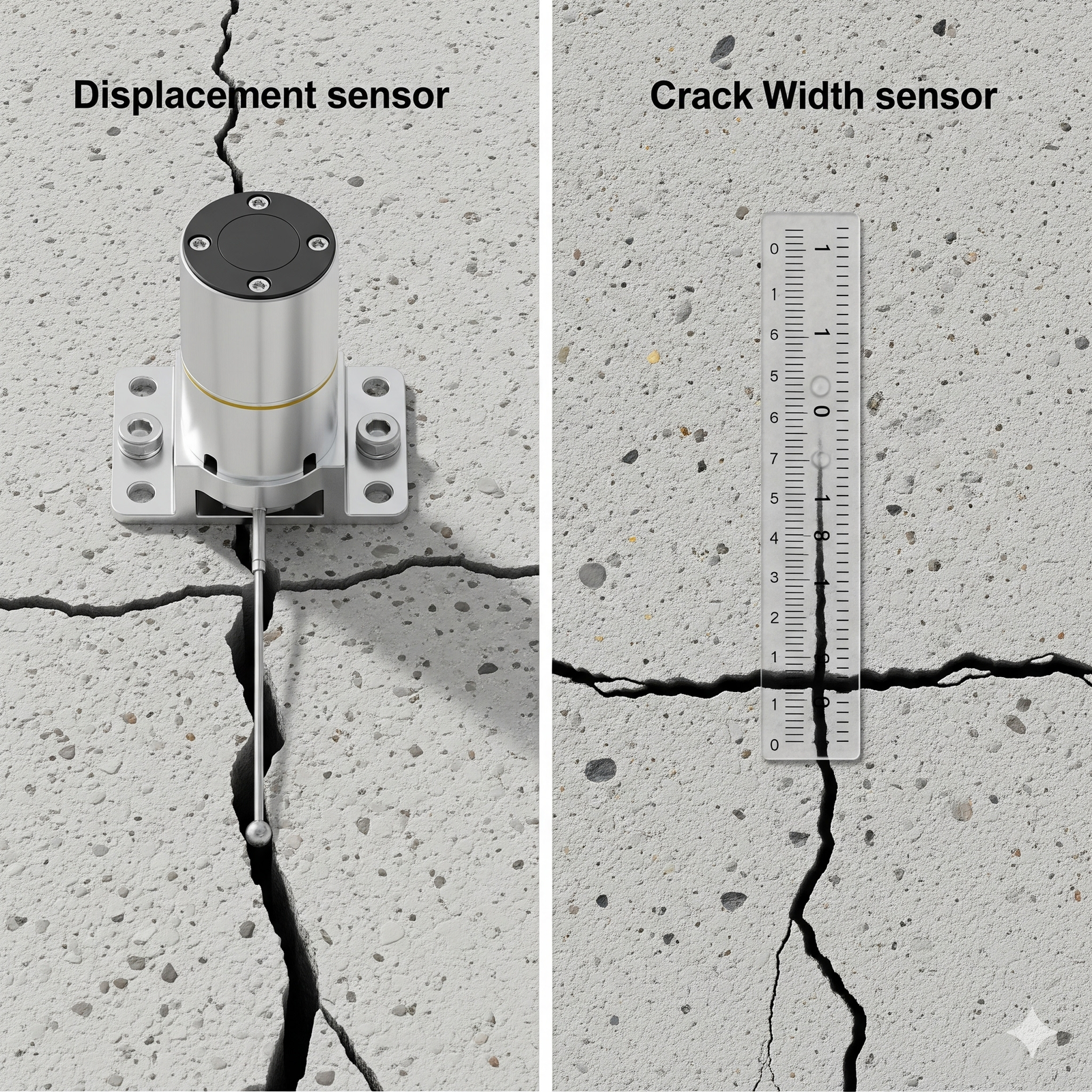 On the left, a displacement sensor is positioned over a large crack in concrete, with metal components attached. On the right, a crack width sensor, resembling a clear ruler, measures the width of another crack on the concrete surface.