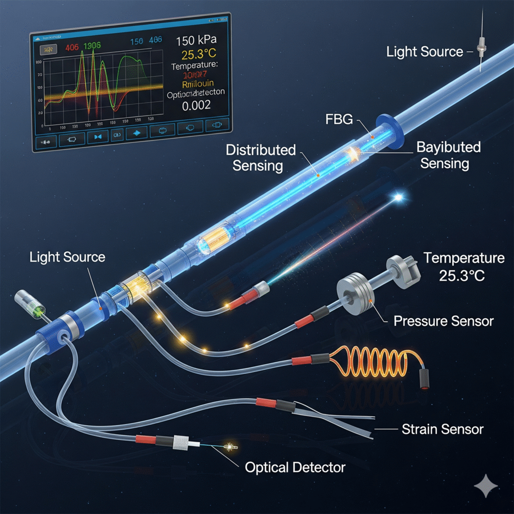 A detailed diagram of a fiber optic sensing system shows components like a light source, FBG, and optical detector. It illustrates distributed and bayibuted sensing, with labeled parts including a pressure sensor, strain sensor, and temperature sensor reading 25.3°C. A digital display shows data such as 150 kPa and graph lines, highlighting the system's monitoring capabilities.