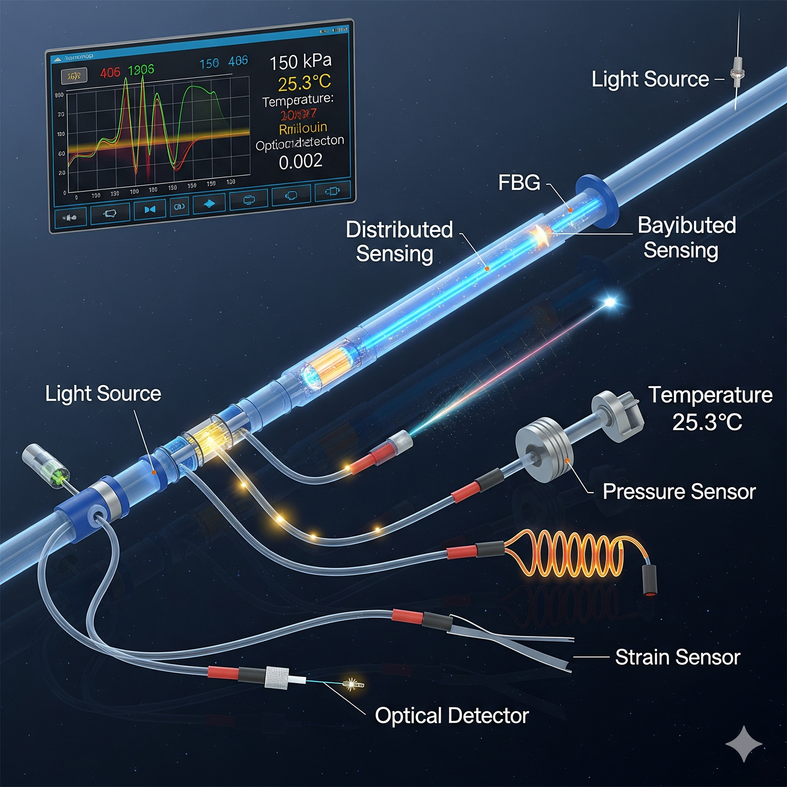 A detailed diagram of a fiber optic sensing system shows components like a light source, FBG, and optical detector. It illustrates distributed and bayibuted sensing, with labeled parts including a pressure sensor, strain sensor, and temperature sensor reading 25.3°C. A digital display shows data such as 150 kPa and graph lines, highlighting the system's monitoring capabilities.