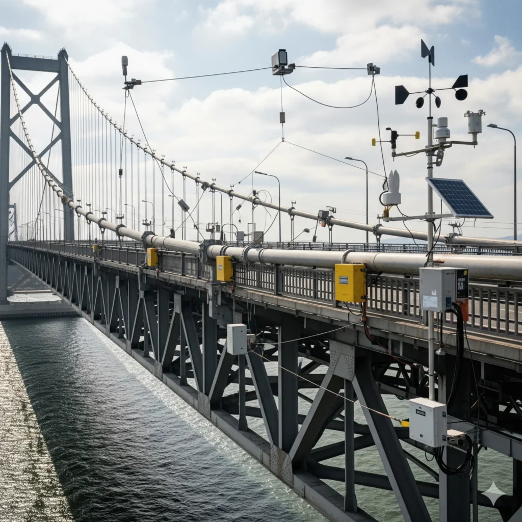 A large suspension bridge spans over a body of water, equipped with various weather monitoring instruments and solar panels attached to its structure. The sky is partly cloudy, and the bridge's metal framework is visible, with several yellow and white equipment boxes mounted along the railing.