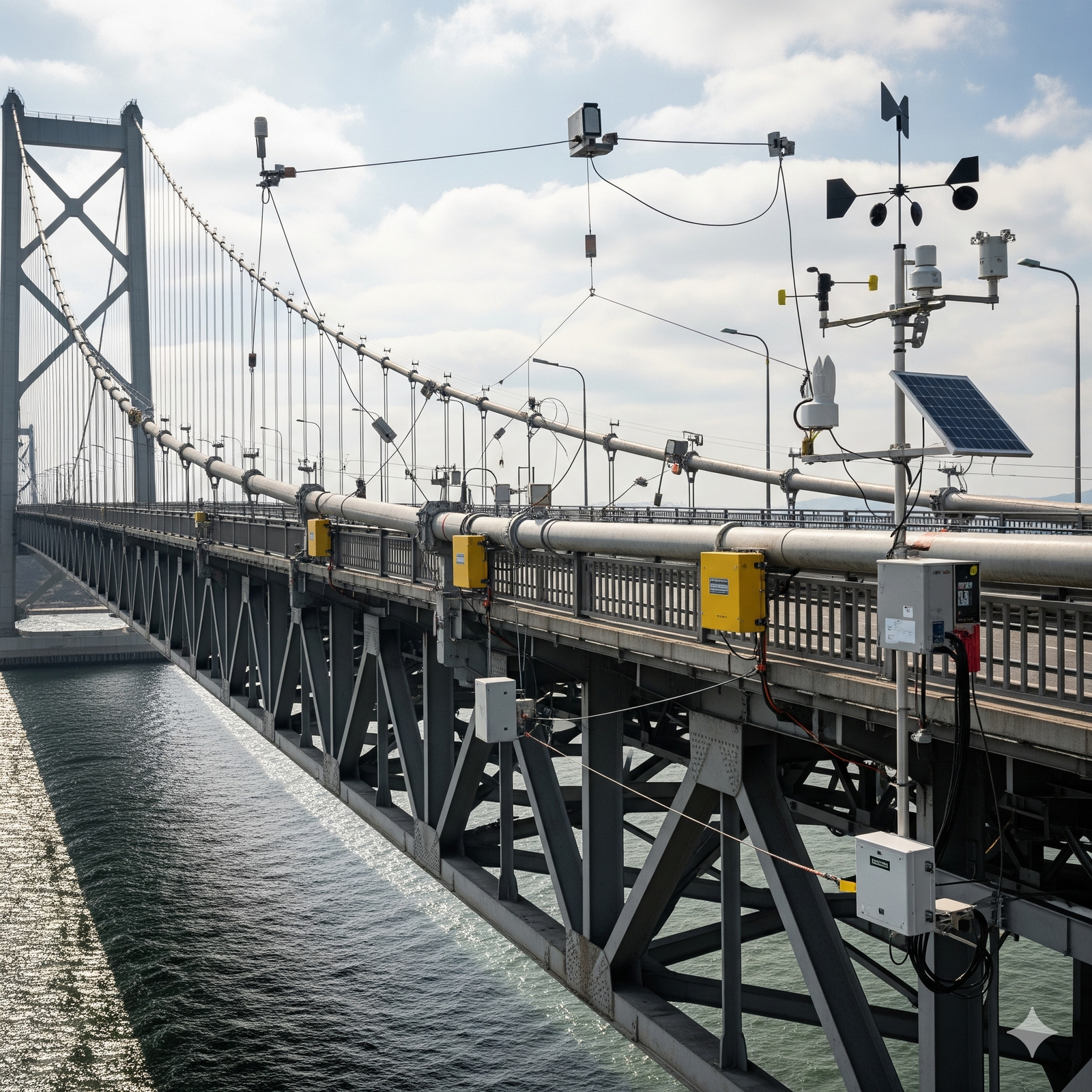 A large suspension bridge spans over a body of water, equipped with various weather monitoring instruments and solar panels attached to its structure. The sky is partly cloudy, and the bridge's metal framework is visible, with several yellow and white equipment boxes mounted along the railing.