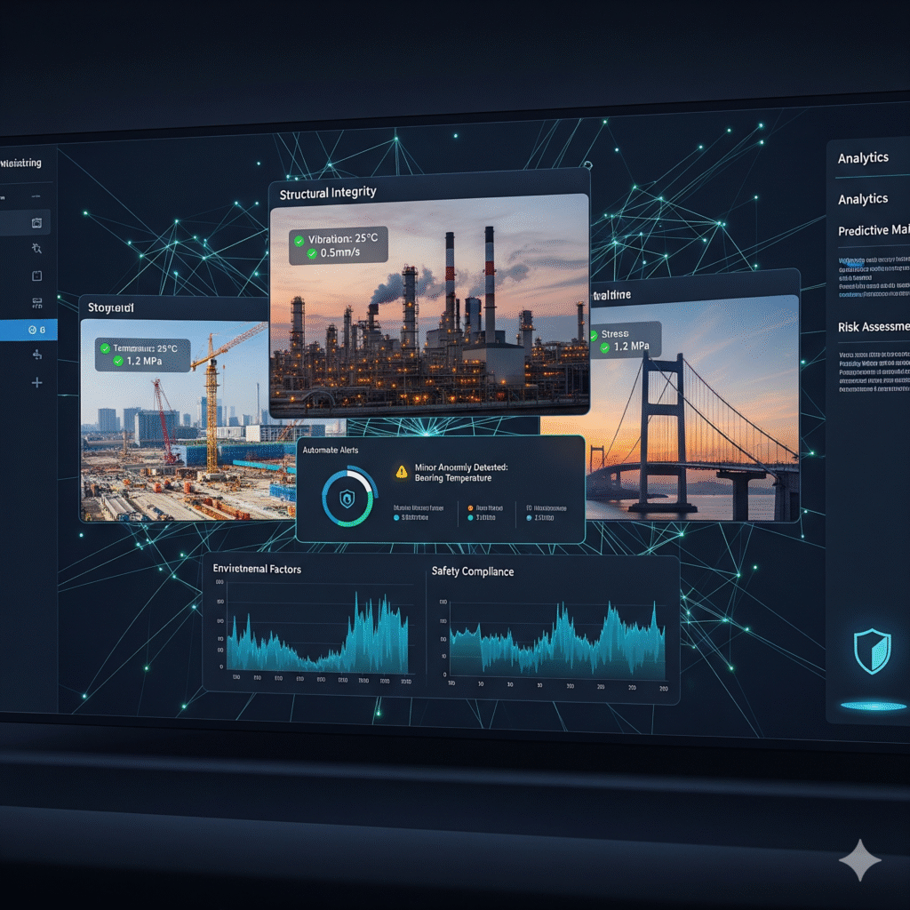 A digital dashboard displays various analytics related to structural integrity, featuring images of an industrial plant and a bridge. Key metrics like vibration, temperature, and stress are highlighted, along with graphs showing environmental factors and safety compliance. An alert indicates a minor anomaly detected in bearing temperature.
