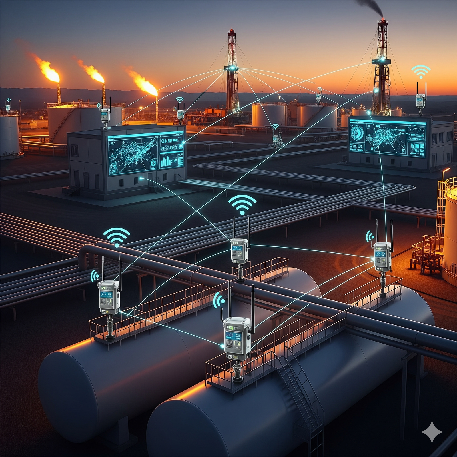 A futuristic oil refinery at dusk, featuring interconnected digital devices with glowing screens and Wi-Fi signals. Large storage tanks and pipelines are visible, with two control buildings displaying digital maps and data. Flames burn atop tall stacks in the background, illuminating the industrial setting.