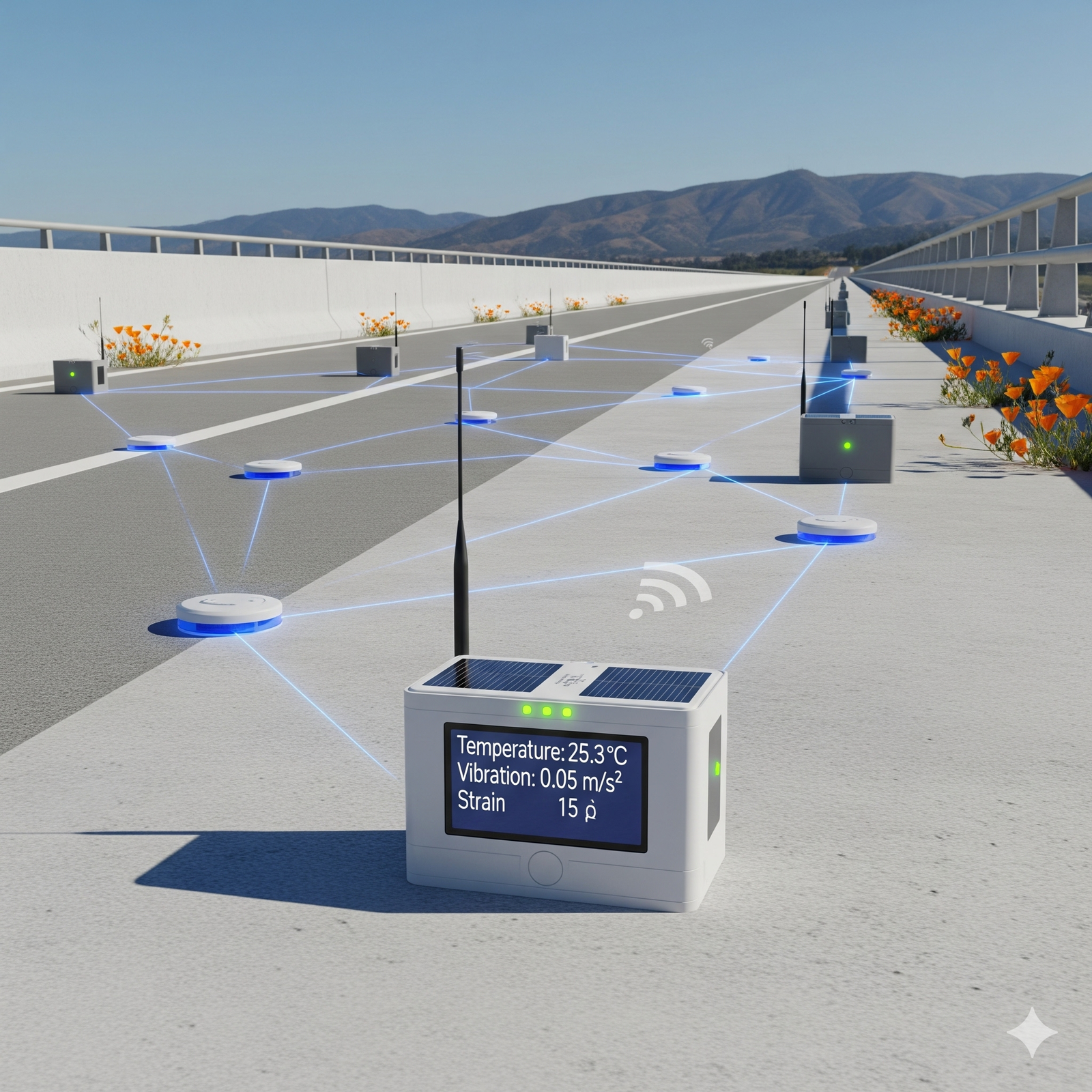 A network of small, solar-powered sensors is spread across a bridge, connected by blue lines. One sensor in the foreground displays temperature, vibration, and strain data. Bright orange flowers line the bridge, with mountains visible in the background.