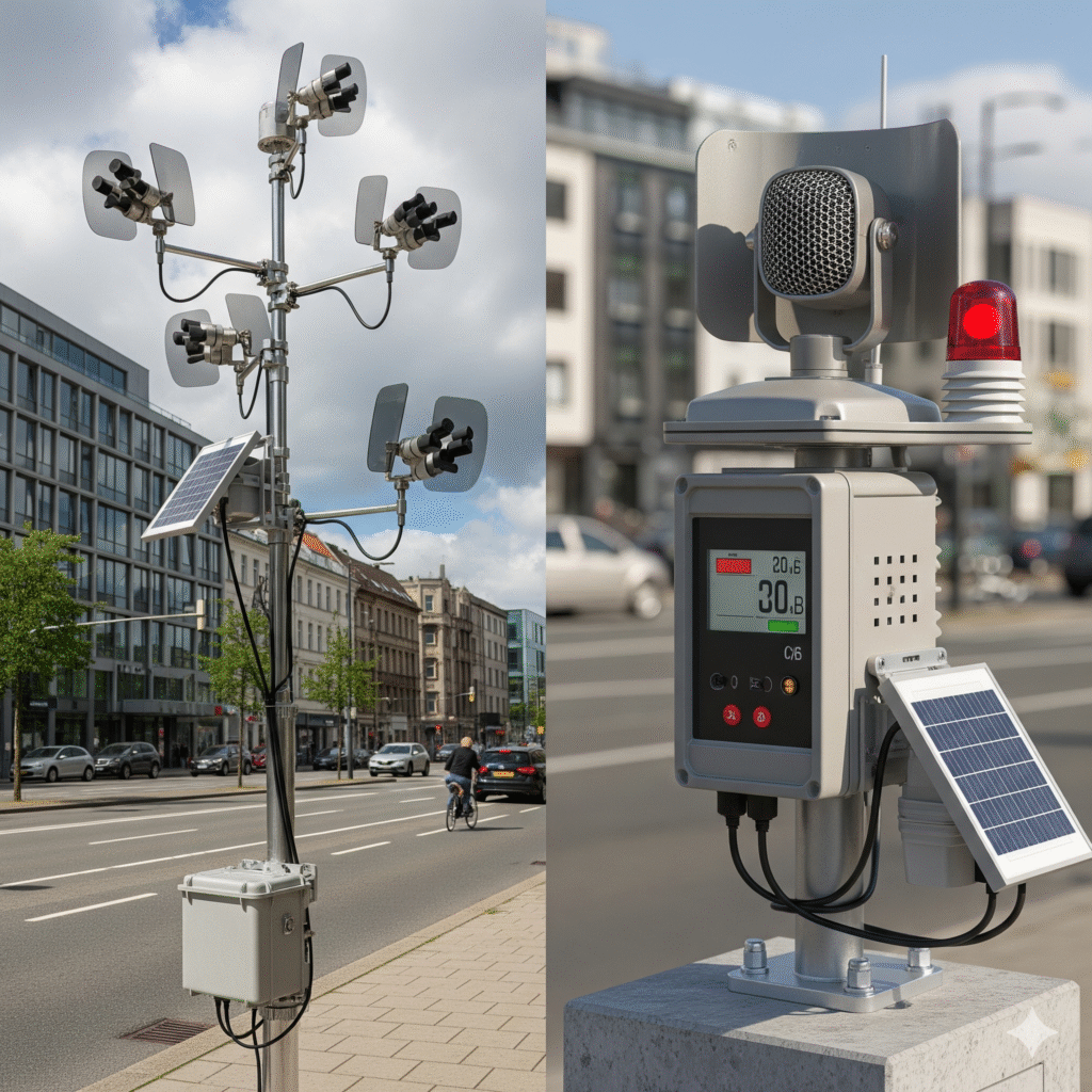 A street-side setup with multiple sensors and devices, including a tall pole with several small fans and a solar panel, and a nearby unit featuring a digital display, a red light, and another solar panel, all situated in an urban environment with buildings and a road in the background.