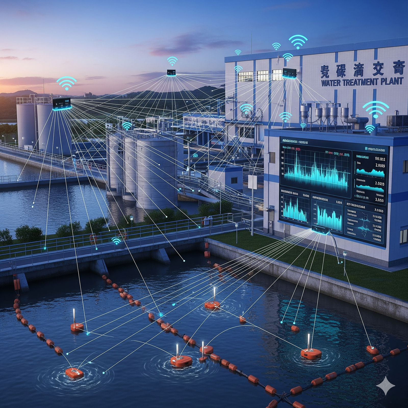 A modern water treatment plant is depicted at dusk, with interconnected digital nodes and icons illustrating a networked system. Several sensors float on the water's surface, transmitting data to a large digital display on the building, which shows graphs and analytics. The setup suggests a smart, high-tech facility.