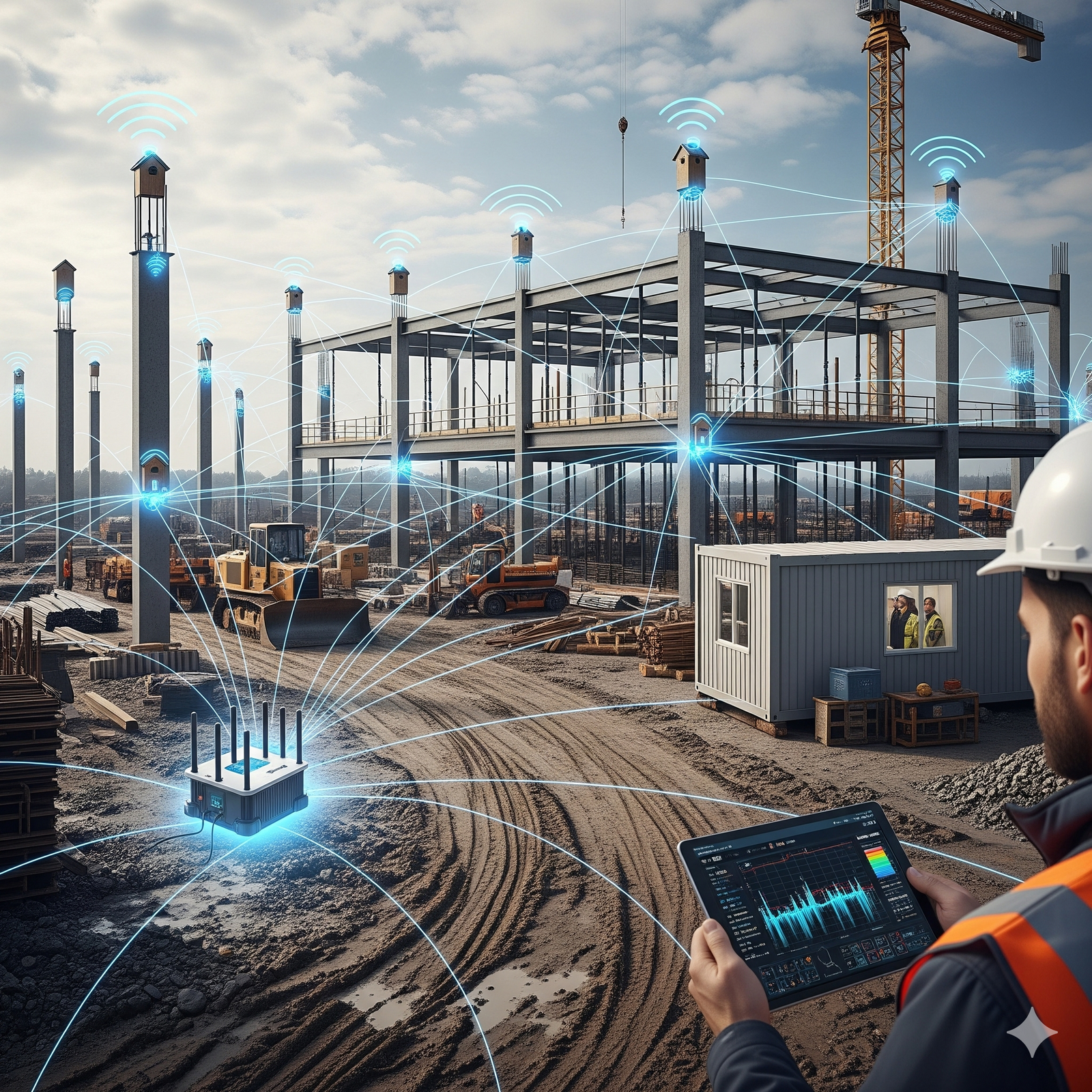 A construction site with a partially built steel structure is equipped with digital sensors emitting blue signals. A worker in a hard hat and orange vest holds a tablet displaying data, while construction vehicles and materials are scattered around. A portable office is visible in the background.