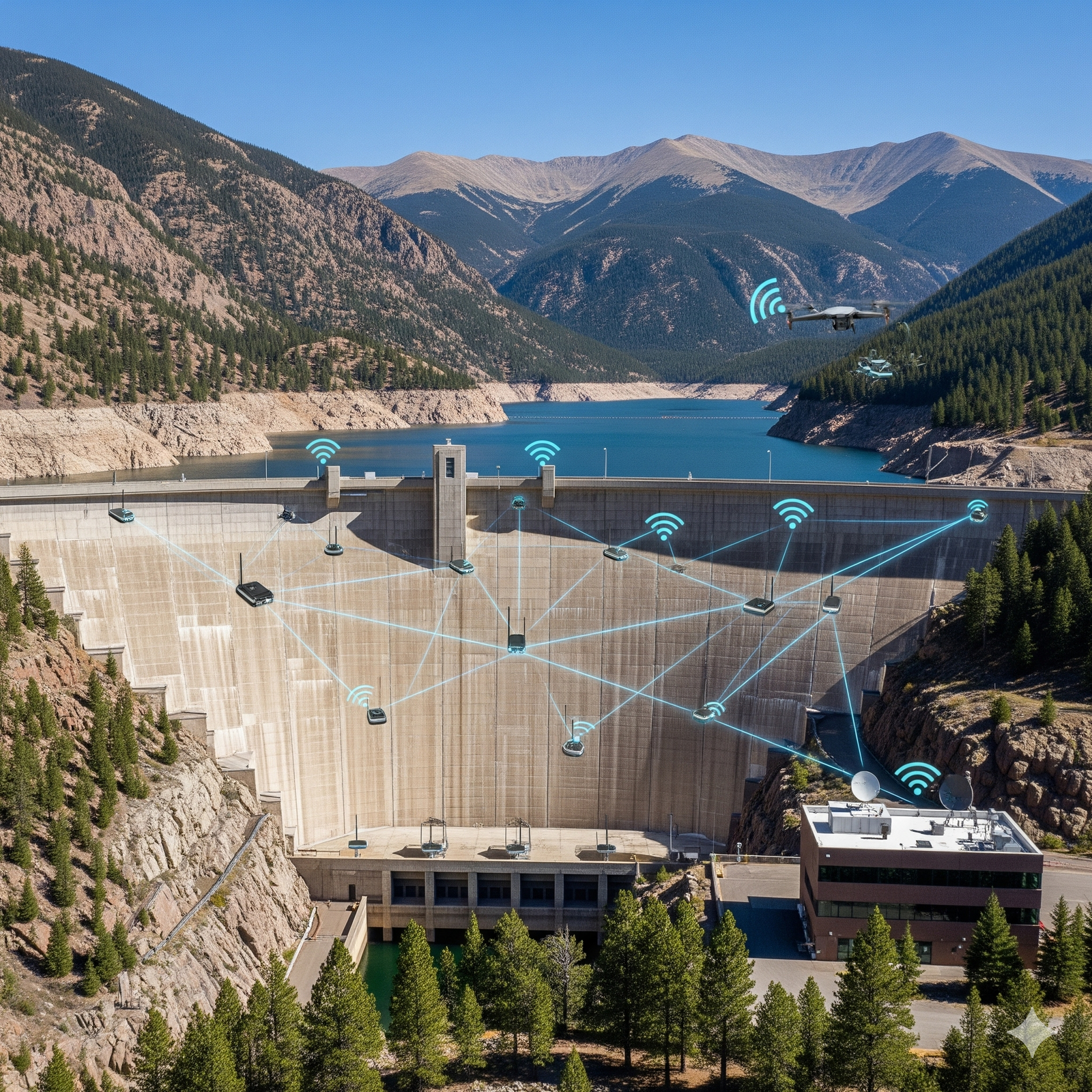 A large dam surrounded by mountains and a reservoir, with digital networks and wireless signals depicted. A drone and vehicles suggest advanced technology integration.