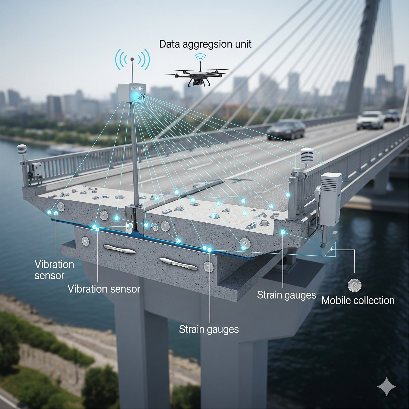 A bridge with various sensors, including vibration sensors and strain gauges, is shown with a data aggregation unit transmitting information to a hovering drone. The bridge spans over a body of water, with vehicles traveling across it, illustrating a smart infrastructure monitoring system.