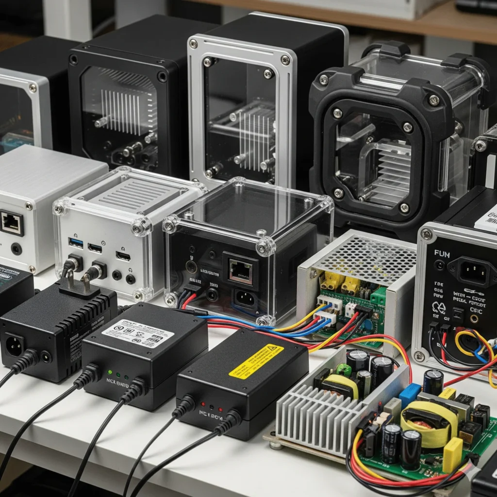 A collection of various electronic devices and components, including power supplies and circuit boards, arranged on a white table. The devices feature different designs and sizes, with visible cables and connectors, housed in metal and plastic casings.